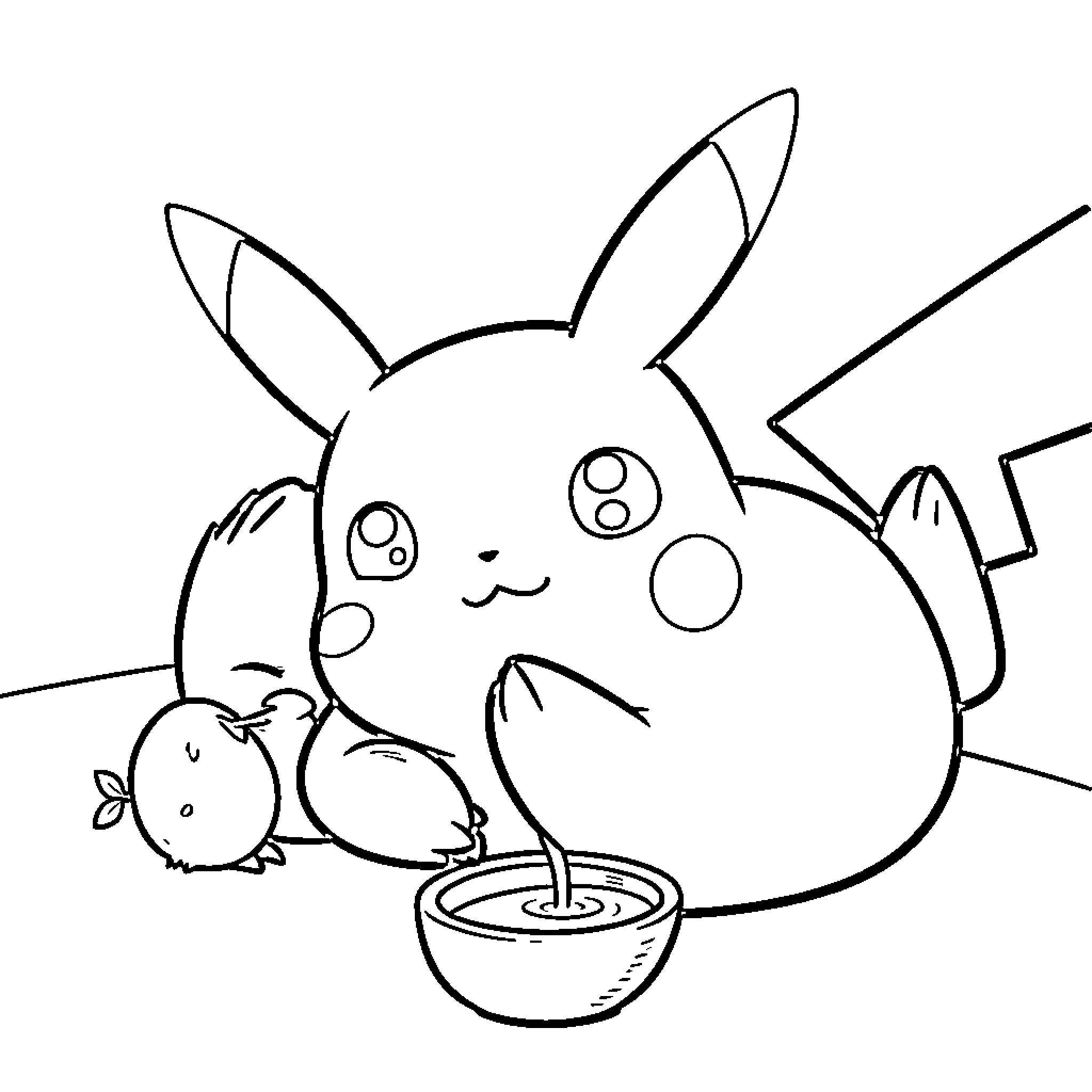 Pikachu lying down while eating from a small bowl Coloring Page (free black-and-white line drawing printable PDF for all, from beginners to advanced learners, including children, teens, adults, and seniors)