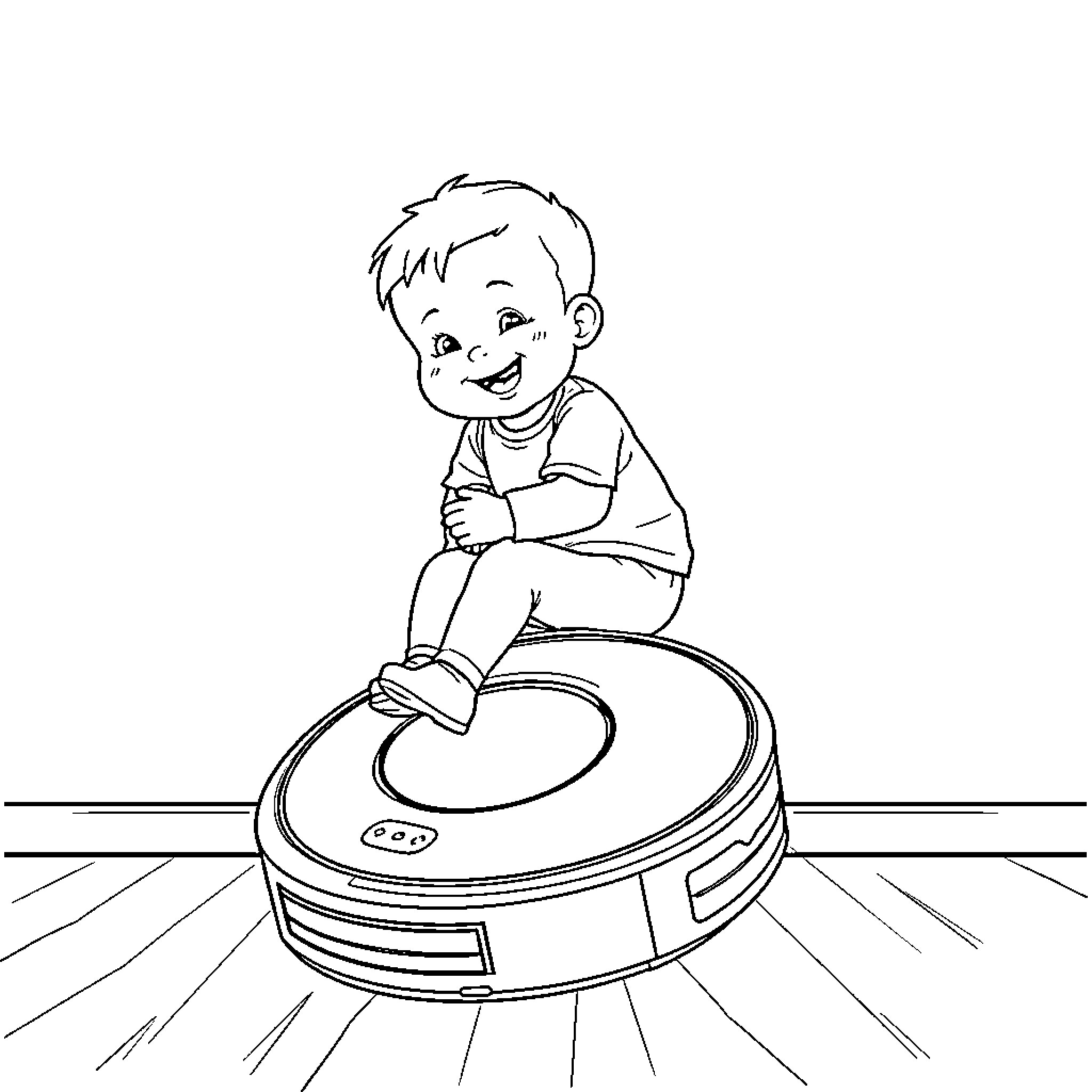 Boy enjoying ride on toy scooter Coloring Page (free black-and-white line drawing printable PDF for all, from beginners to advanced learners, including children, teens, adults, and seniors)