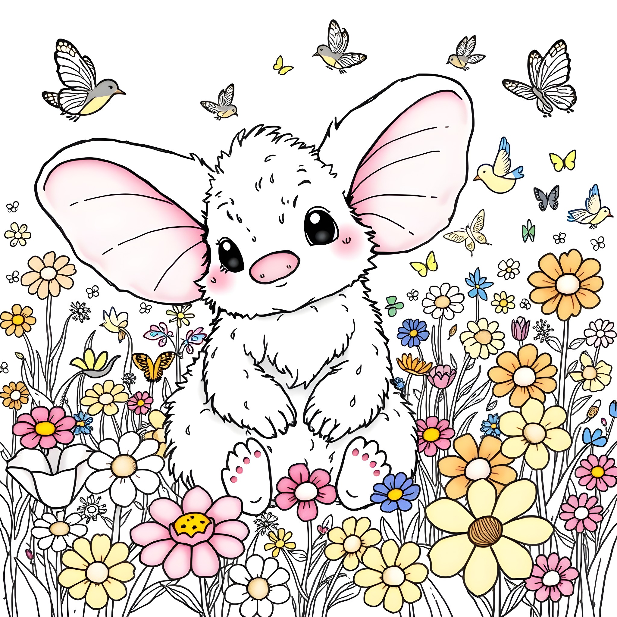 Labubu's Whimsical Garden Adventure Coloring Page (free black-and-white line drawing printable PDF for all, from beginners to advanced learners, including children, teens, adults, and seniors)