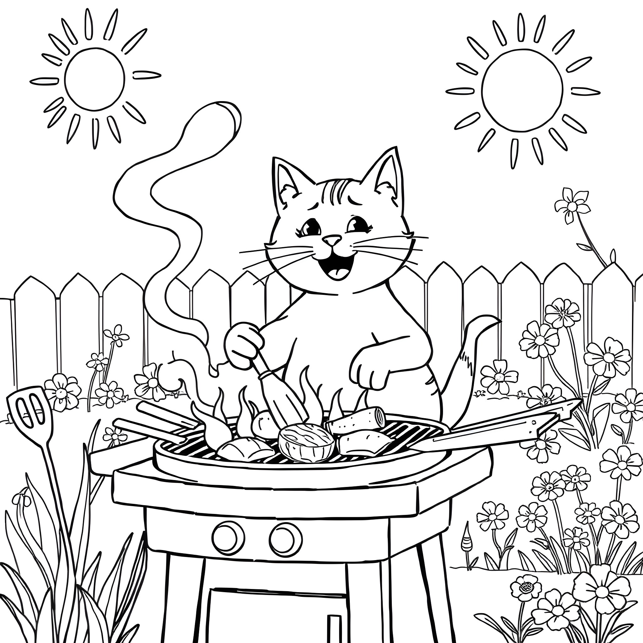 Cat cooking outdoors in the garden Coloring Page (free black-and-white line drawing printable PDF for all, from beginners to advanced learners, including children, teens, adults, and seniors)