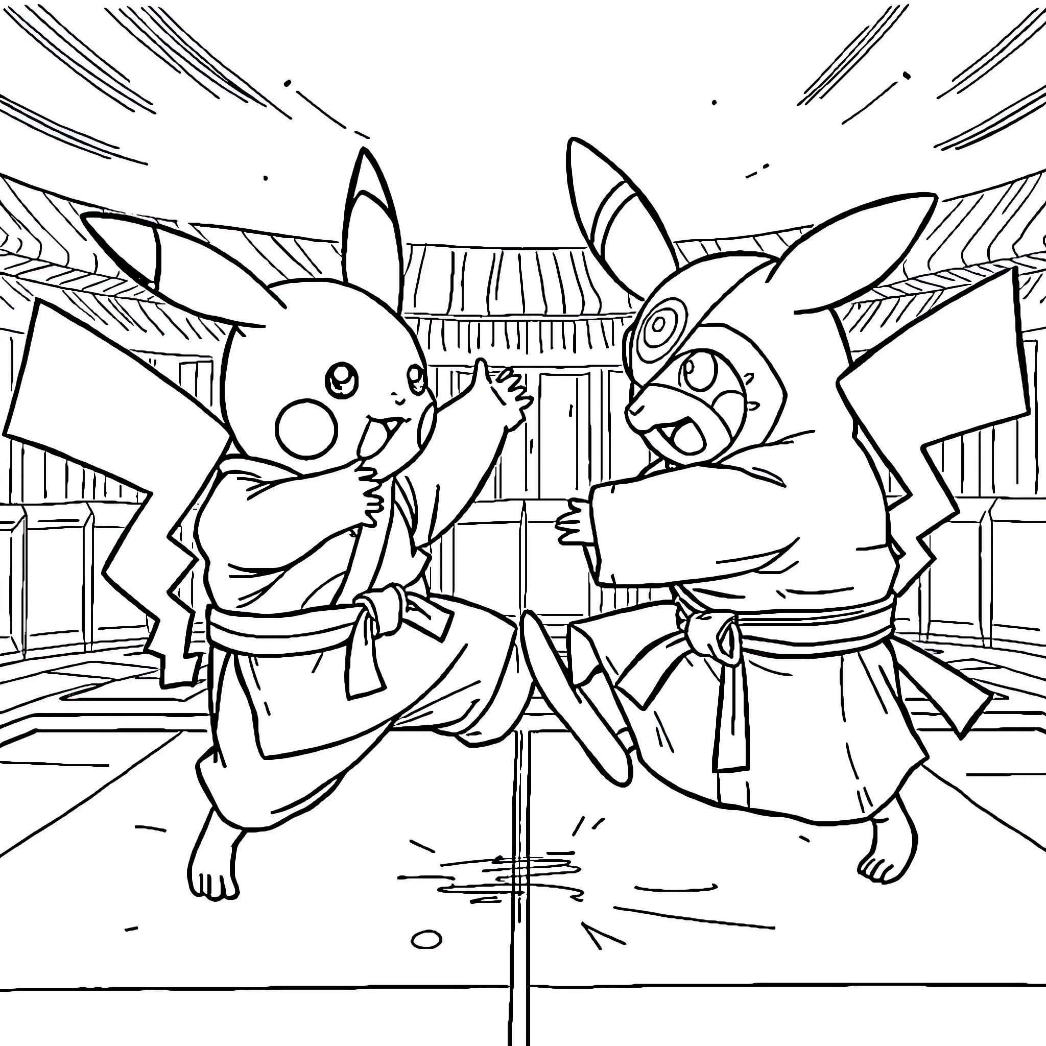 Pikachu Ninjas Engage in Epic Battle Coloring Page (free black-and-white line drawing printable PDF for all, from beginners to advanced learners, including children, teens, adults, and seniors)
