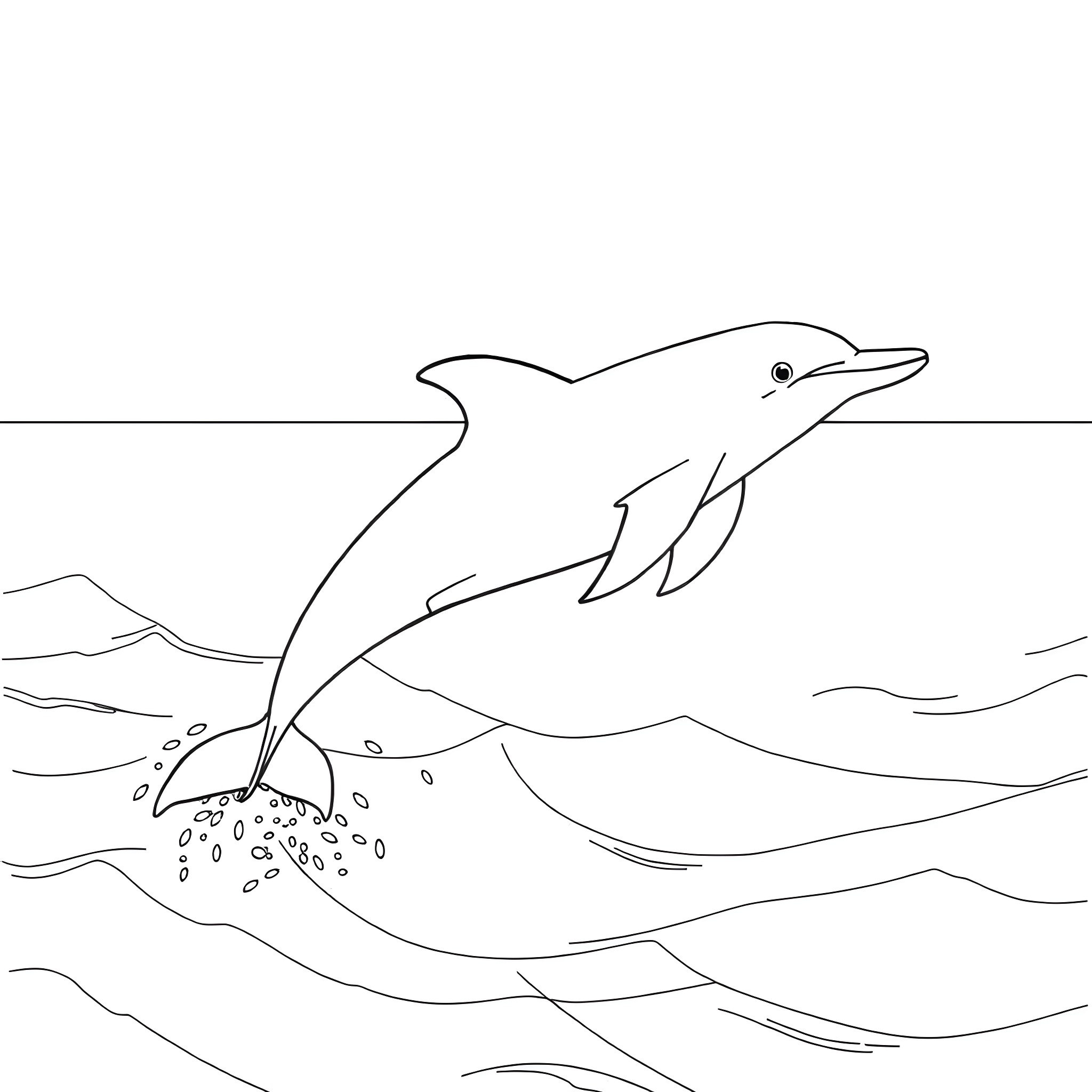 Dolphin jumping out of the waves Coloring Page (free black-and-white line drawing printable PDF for all, from beginners to advanced learners, including children, teens, adults, and seniors)