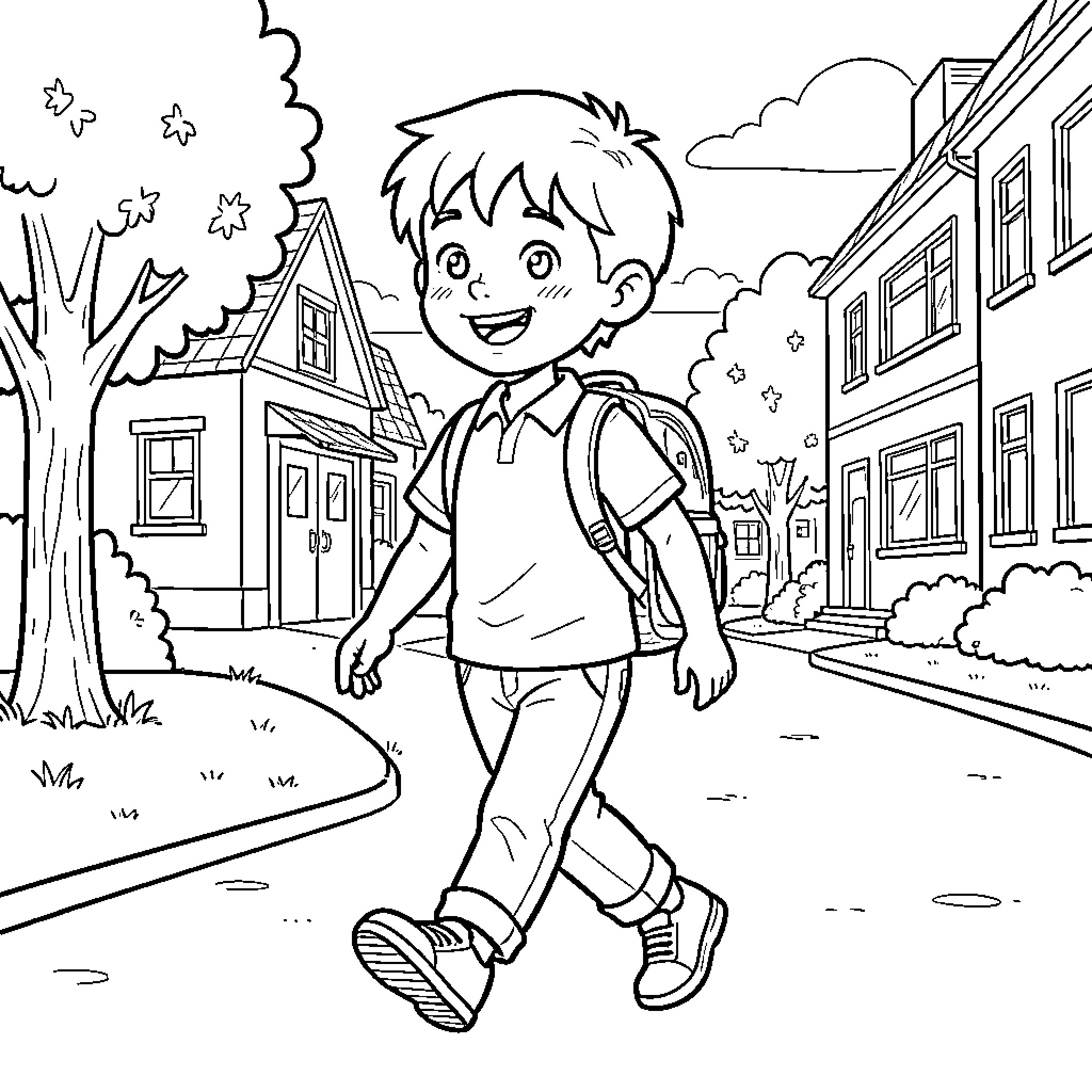 Boy walking happily down the street Coloring Page (free black-and-white line drawing printable PDF for all, from beginners to advanced learners, including children, teens, adults, and seniors)