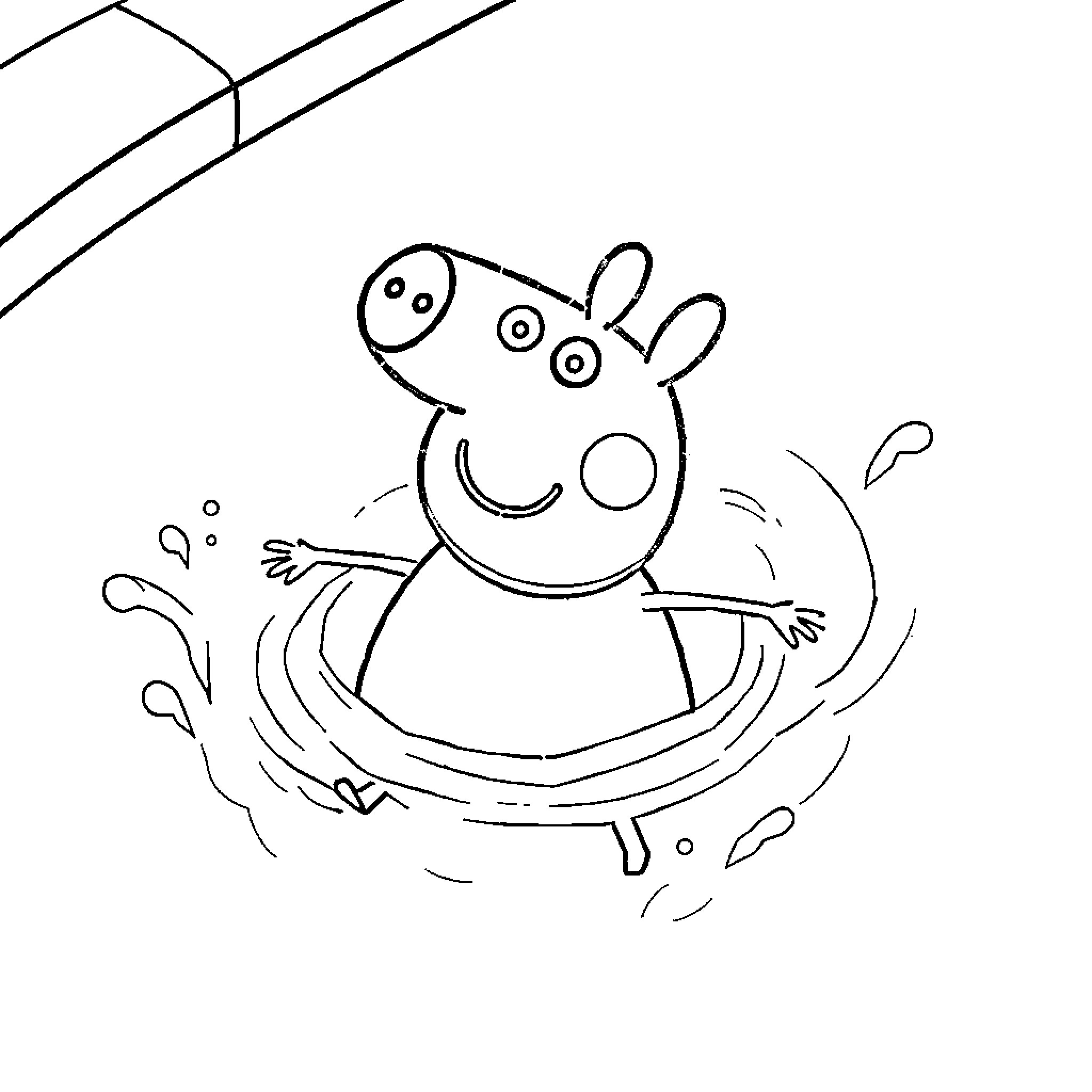 Peppa Pig swimming and splashing in water Coloring Page (free black-and-white line drawing printable PDF for all, from beginners to advanced learners, including children, teens, adults, and seniors)