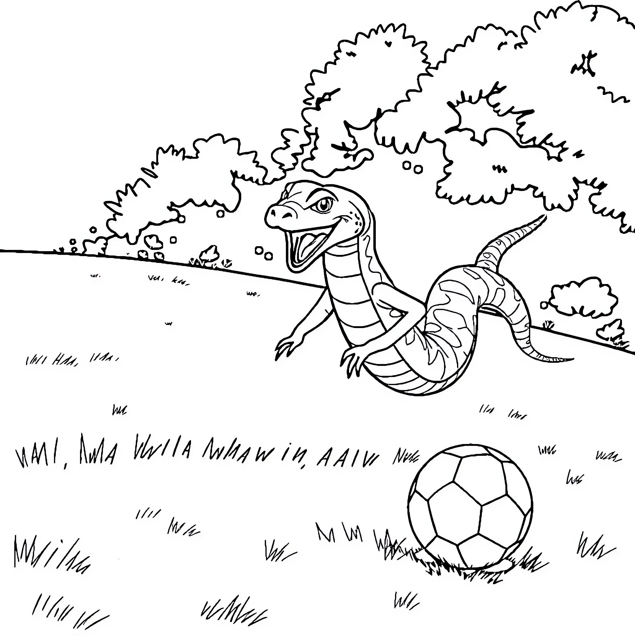 Snake playing with soccer ball in nature Coloring Page (free black-and-white line drawing printable PDF for all, from beginners to advanced learners, including children, teens, adults, and seniors)
