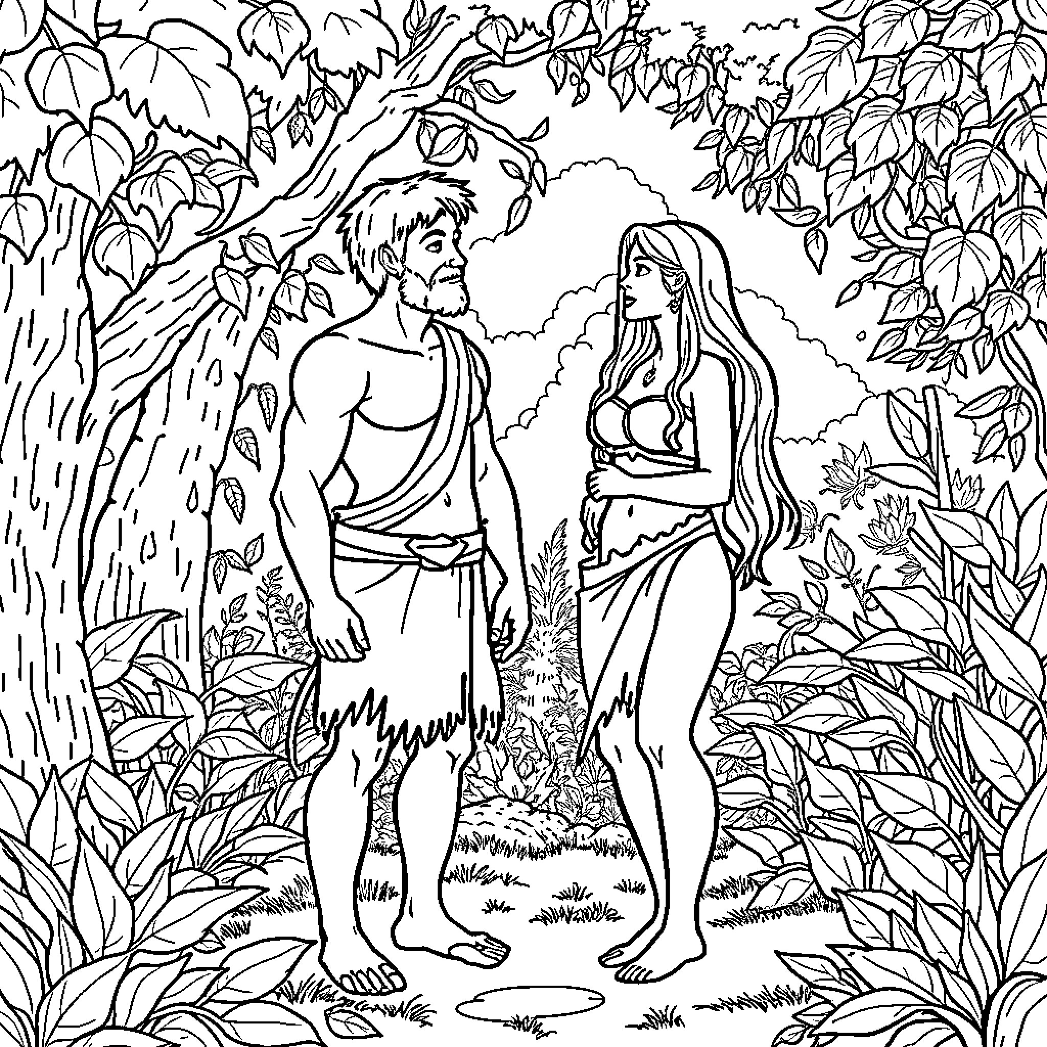 Adam and Eve in the Garden of Eden Coloring Page (free black-and-white line drawing printable PDF for all, from beginners to advanced learners, including children, teens, adults, and seniors)