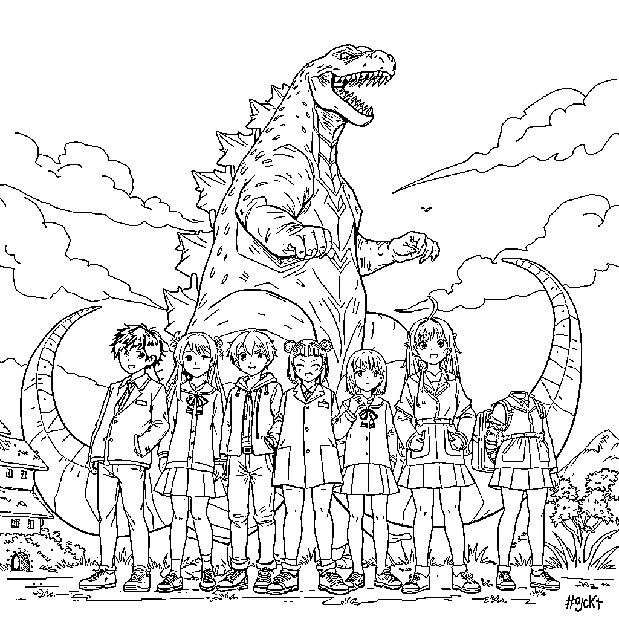 Atarashii Gakkoo: Students facing a giant dinosaur Coloring Page (free black-and-white line drawing printable PDF for all, from beginners to advanced learners, including children, teens, adults, and seniors)