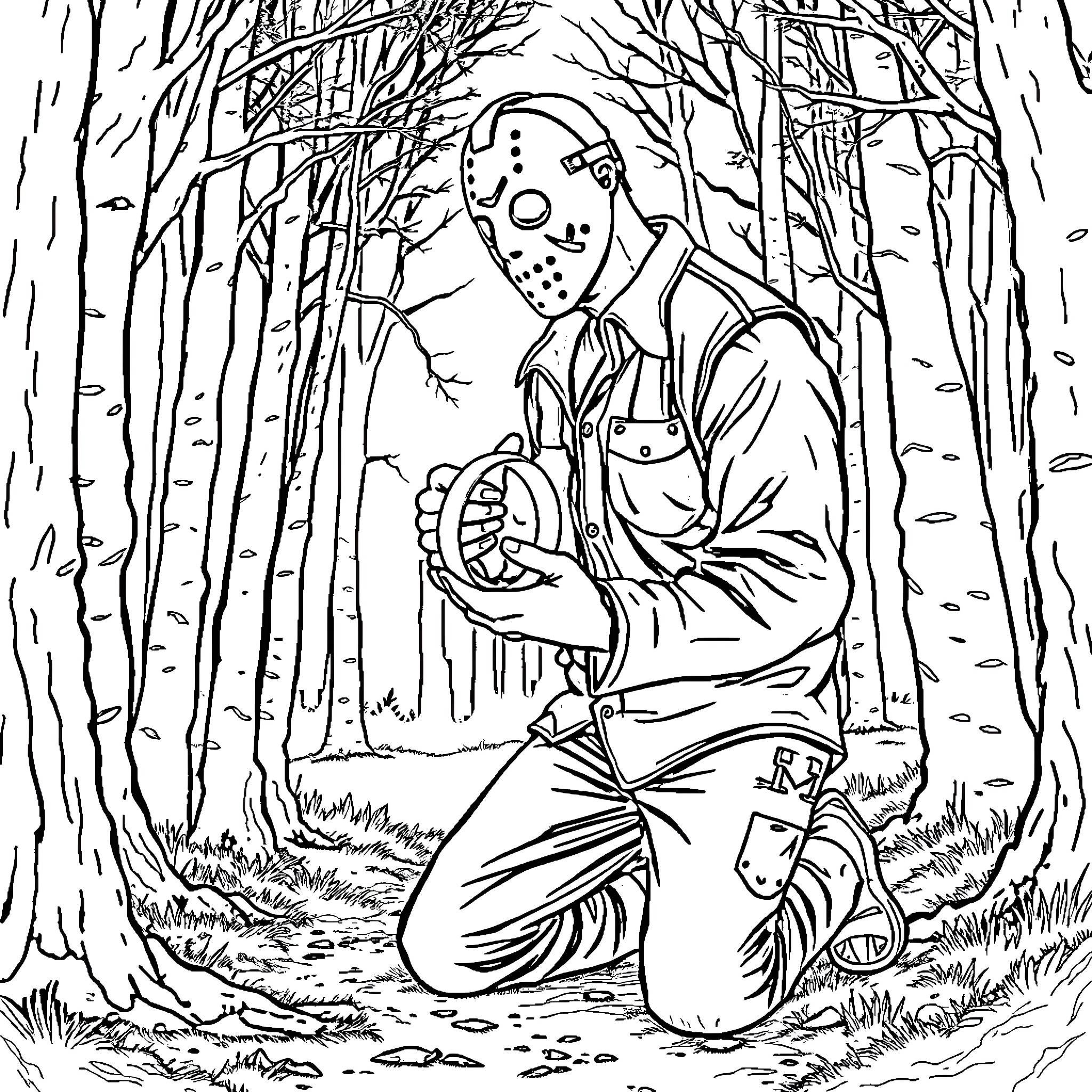 Jason cautiously explores the eerie forest Coloring Page (free black-and-white line drawing printable PDF for all, from beginners to advanced learners, including children, teens, adults, and seniors)