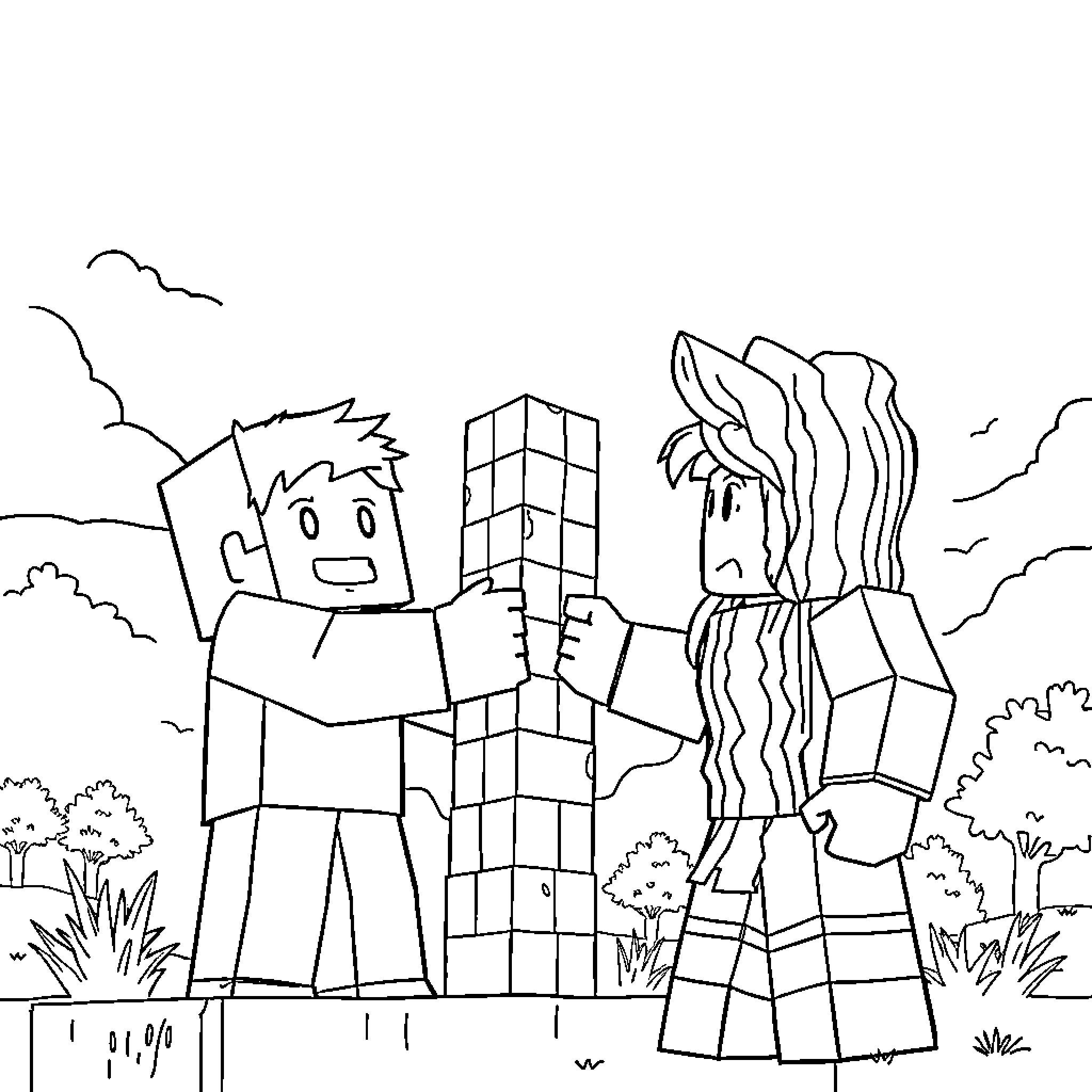 Steve building a city with a friend Coloring Page (free black-and-white line drawing printable PDF for all, from beginners to advanced learners, including children, teens, adults, and seniors)