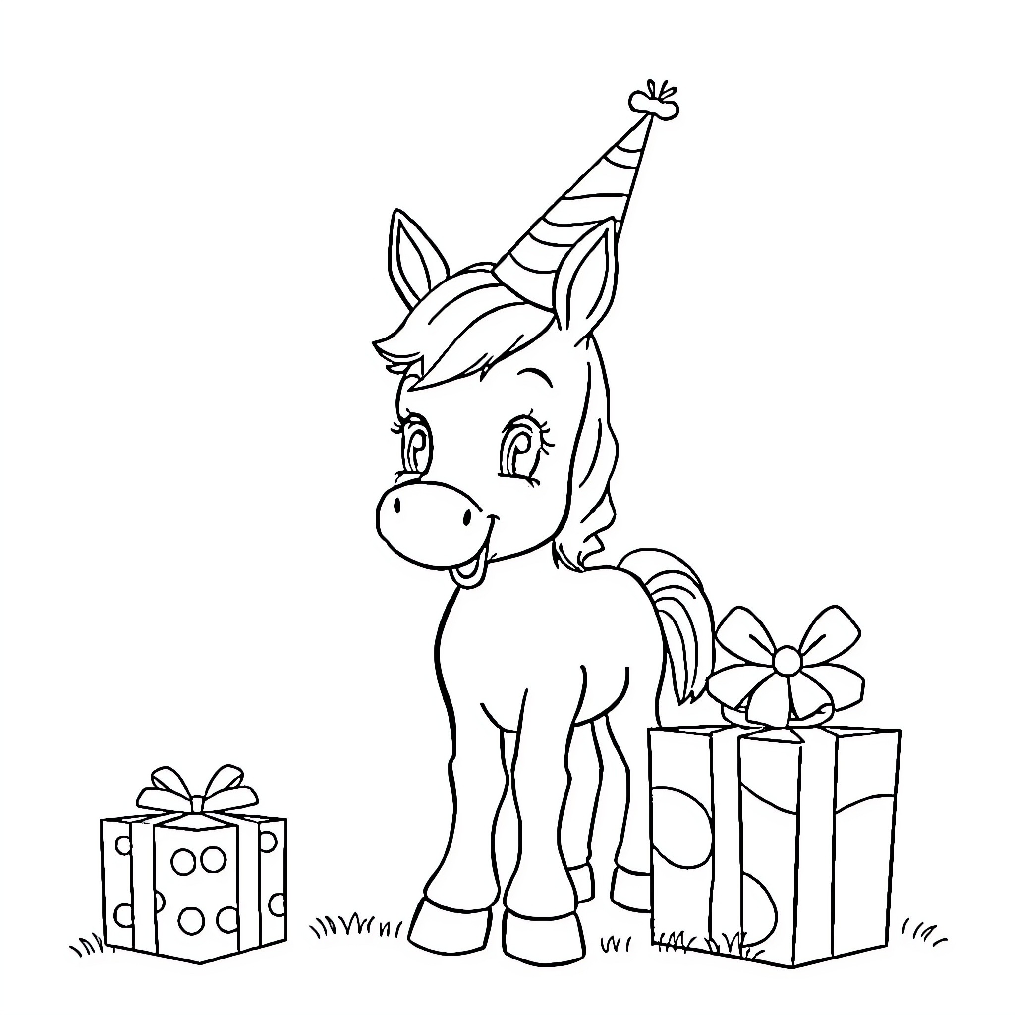 Foal celebrating with party hat and gifts Coloring Page (free black-and-white line drawing printable PDF for all, from beginners to advanced learners, including children, teens, adults, and seniors)