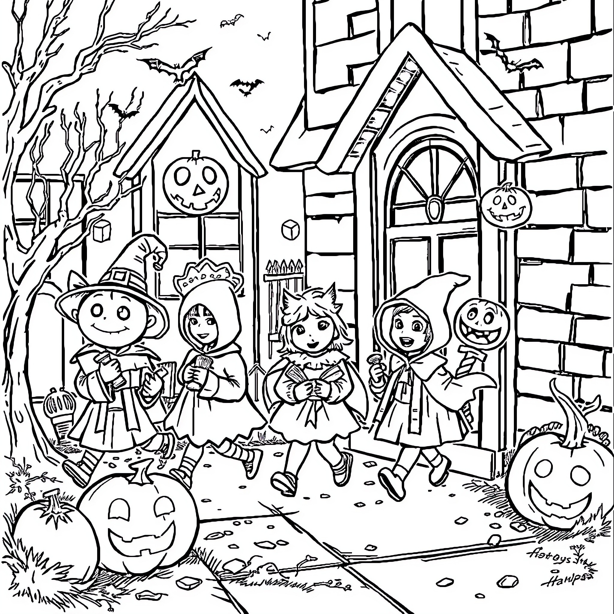 Halloween costume party at haunted house Coloring Page (free black-and-white line drawing printable PDF for all, from beginners to advanced learners, including children, teens, adults, and seniors)