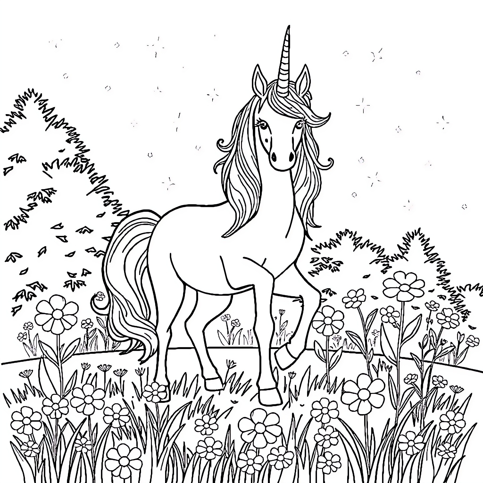 Unicorn standing amidst a floral field Coloring Page (free black-and-white line drawing printable PDF for all, from beginners to advanced learners, including children, teens, adults, and seniors)