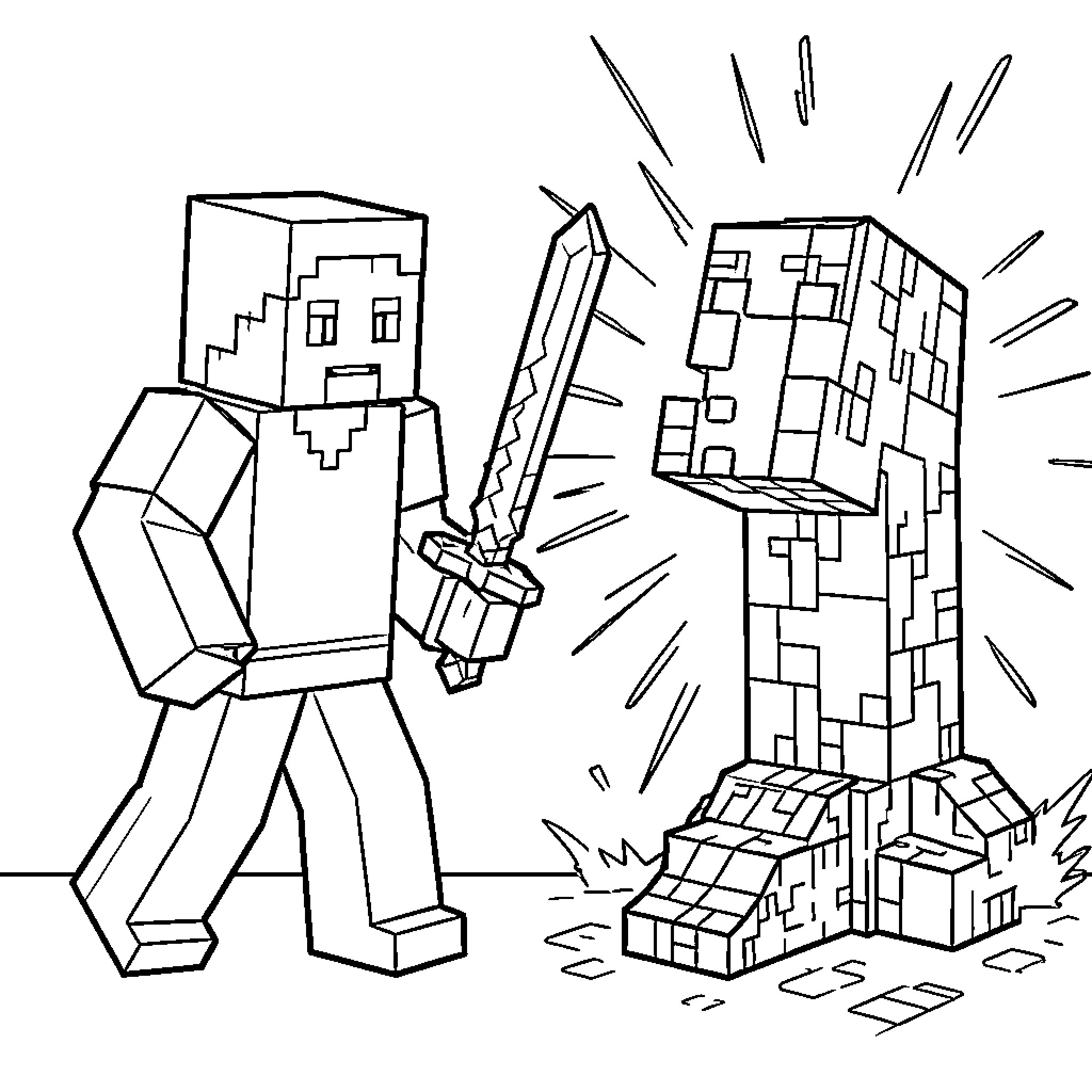 Steve fighting a tall blocky monster with a sword Coloring Page (free black-and-white line drawing printable PDF for all, from beginners to advanced learners, including children, teens, adults, and seniors)
