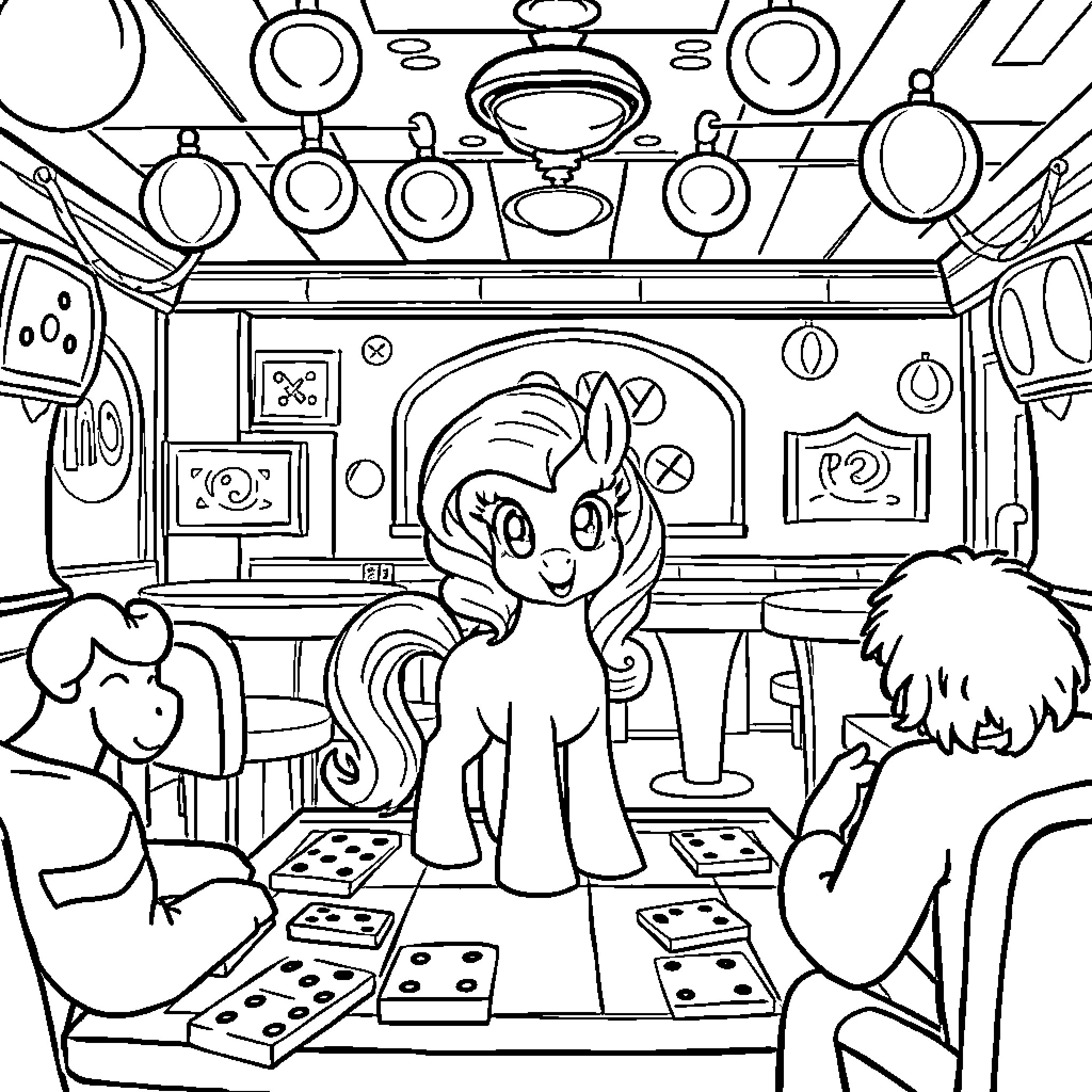 Pony playing game with friends in colorful room Coloring Page (free black-and-white line drawing printable PDF for all, from beginners to advanced learners, including children, teens, adults, and seniors)
