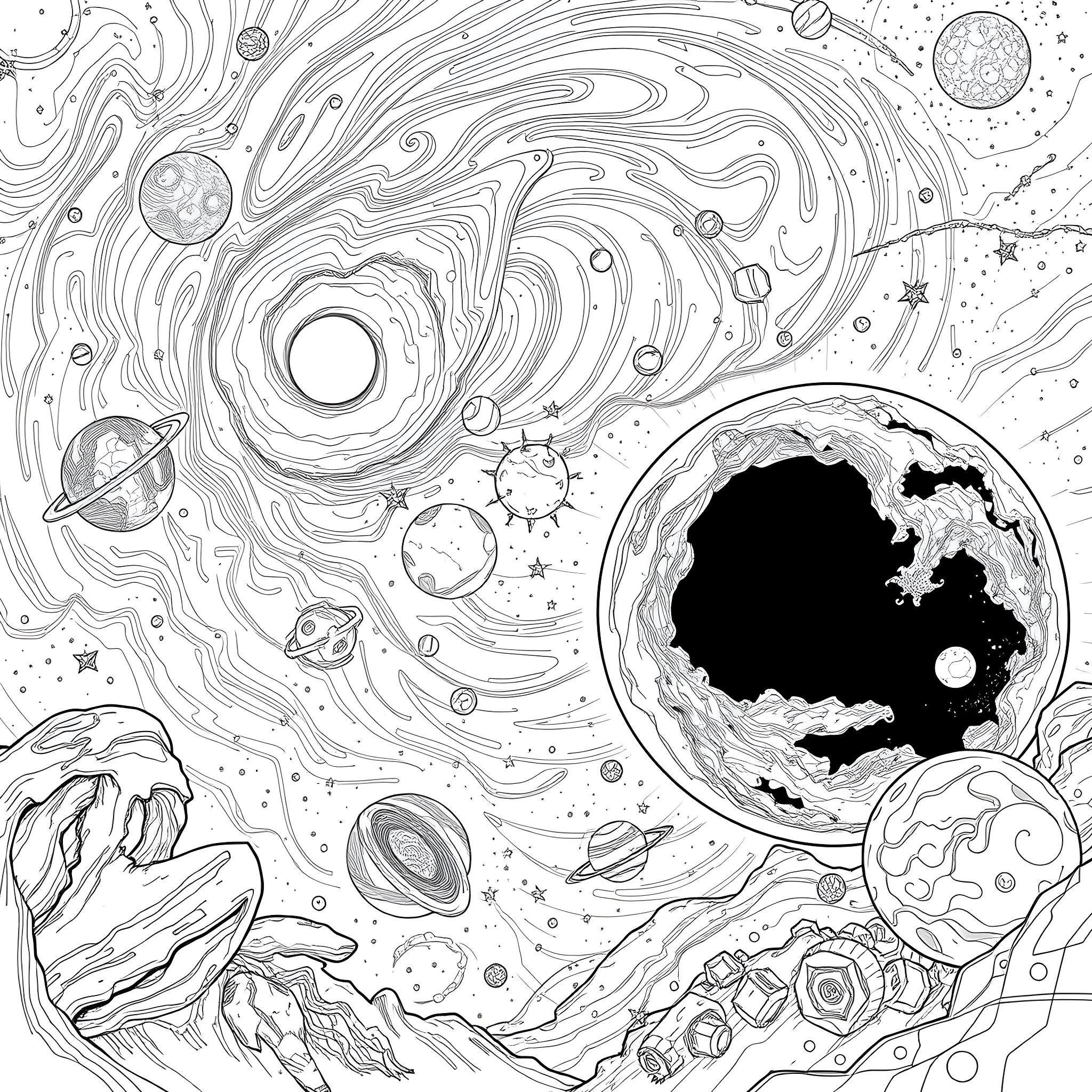 Planet Cosmic Adventure in the Milky Way Coloring Page (free black-and-white line drawing printable PDF for all, from beginners to advanced learners, including children, teens, adults, and seniors)