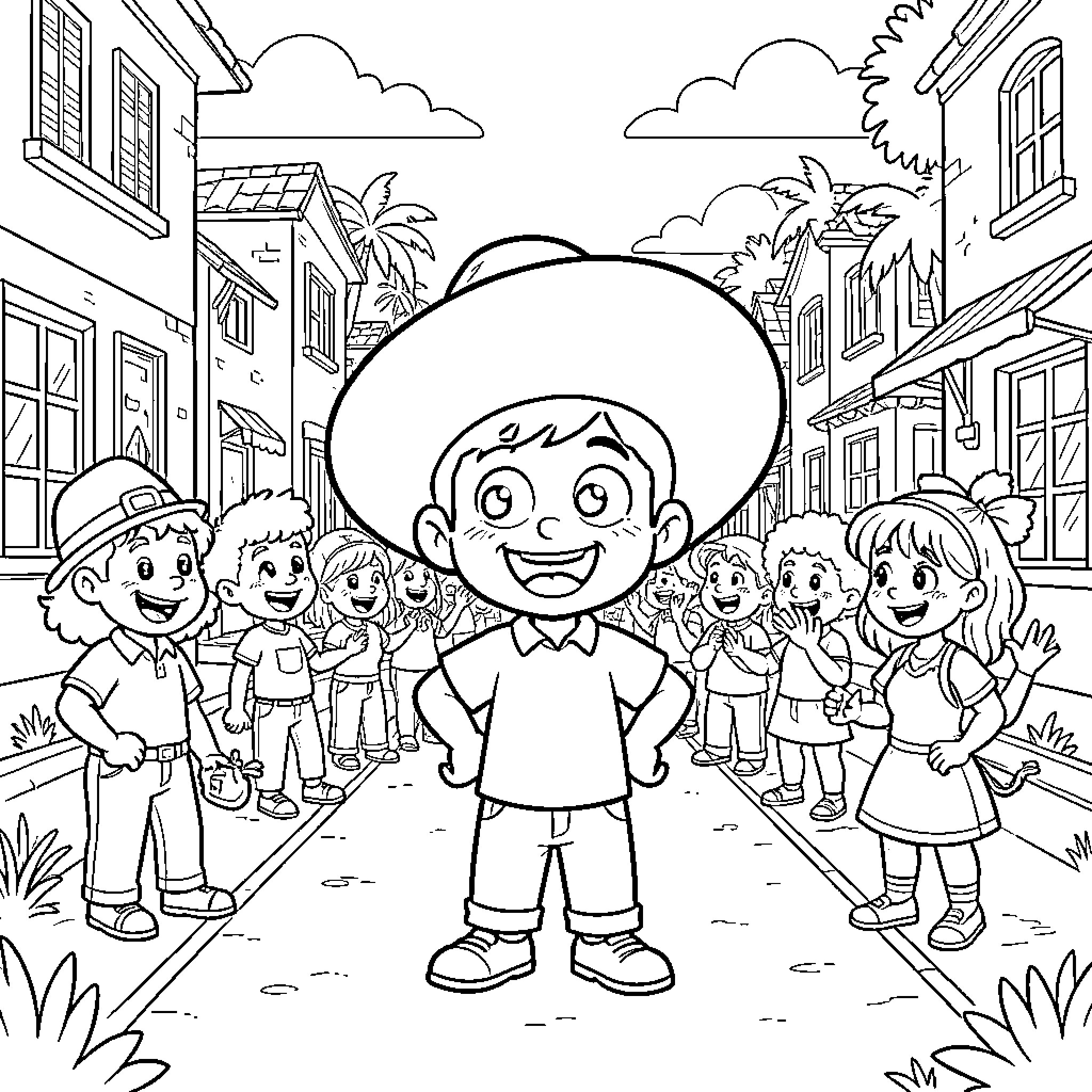 El Chavo and Friends in the Neighborhood Coloring Page (free black-and-white line drawing printable PDF for all, from beginners to advanced learners, including children, teens, adults, and seniors)