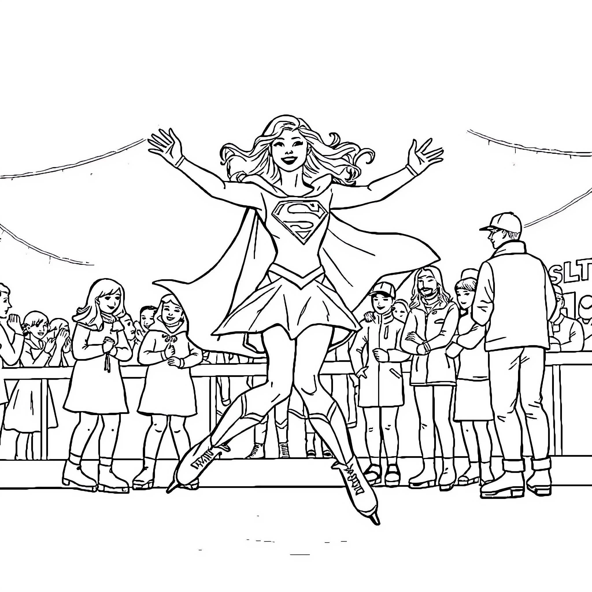 Supergirl triumphantly displays her powers before a crowd Coloring Page (free black-and-white line drawing printable PDF for all, from beginners to advanced learners, including children, teens, adults, and seniors)