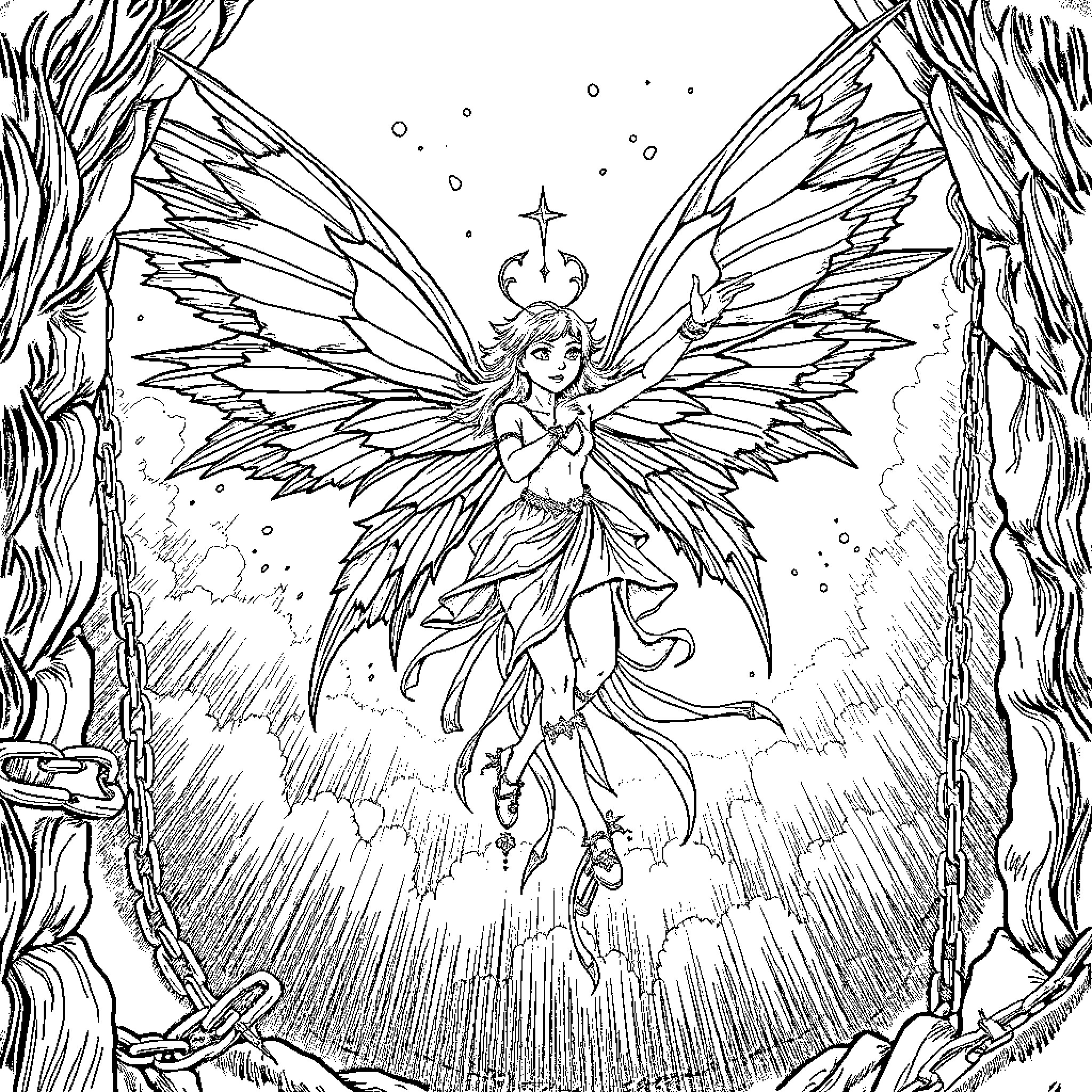 Fairy in enchanted forest spreads her wings Coloring Page (free black-and-white line drawing printable PDF for all, from beginners to advanced learners, including children, teens, adults, and seniors)