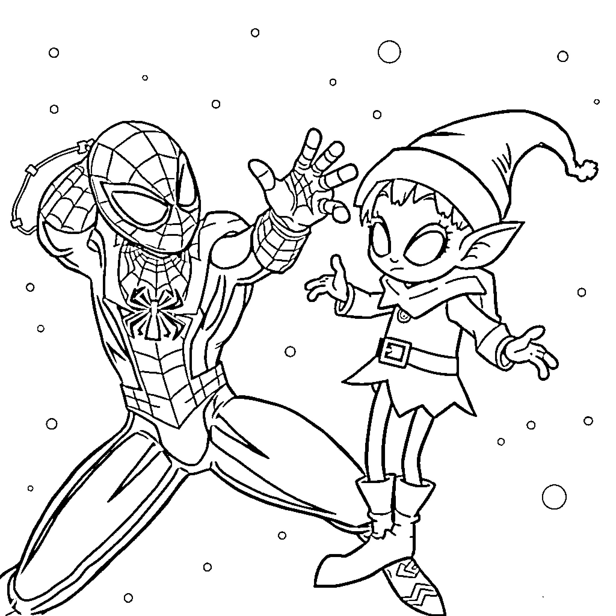 Spiderman and elf character interacting playfully Coloring Page (free black-and-white line drawing printable PDF for all, from beginners to advanced learners, including children, teens, adults, and seniors)