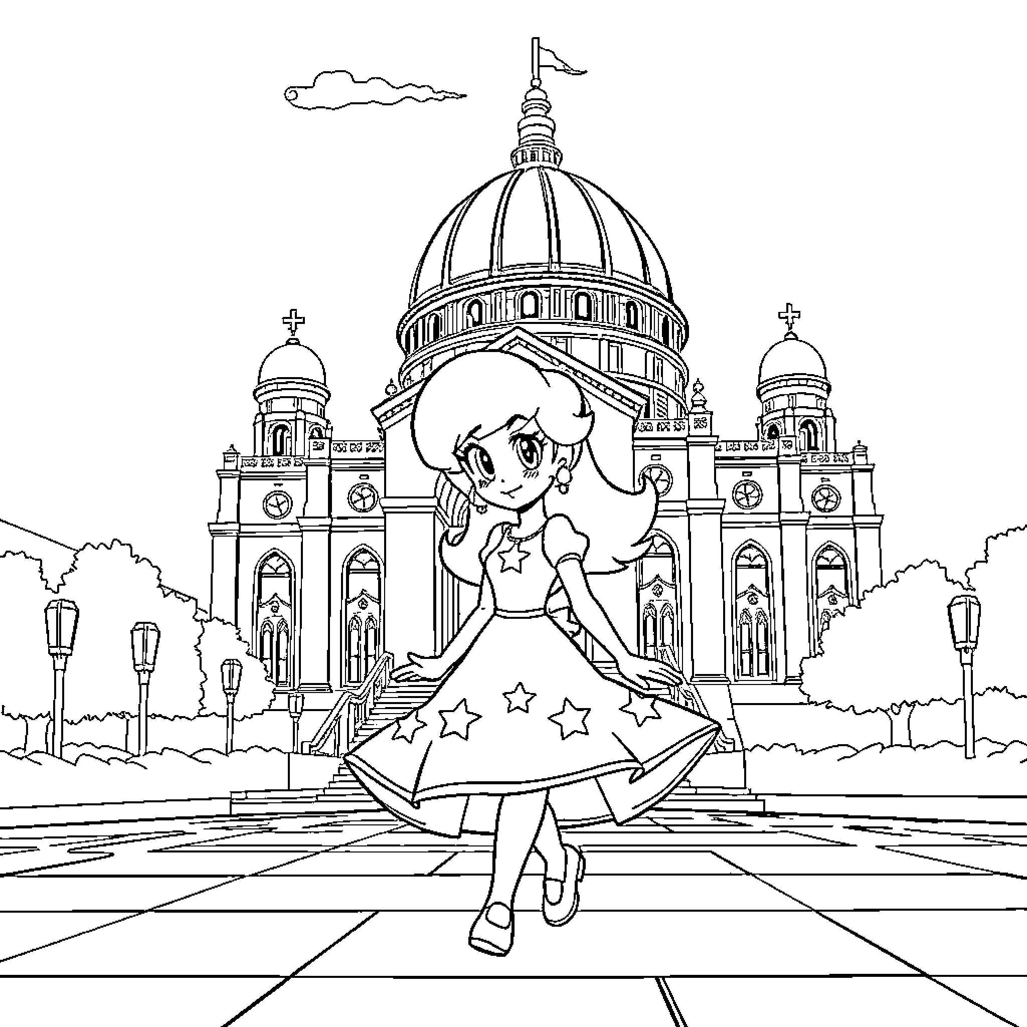 Rosalina exploring a grand castle landscape Coloring Page (free black-and-white line drawing printable PDF for all, from beginners to advanced learners, including children, teens, adults, and seniors)
