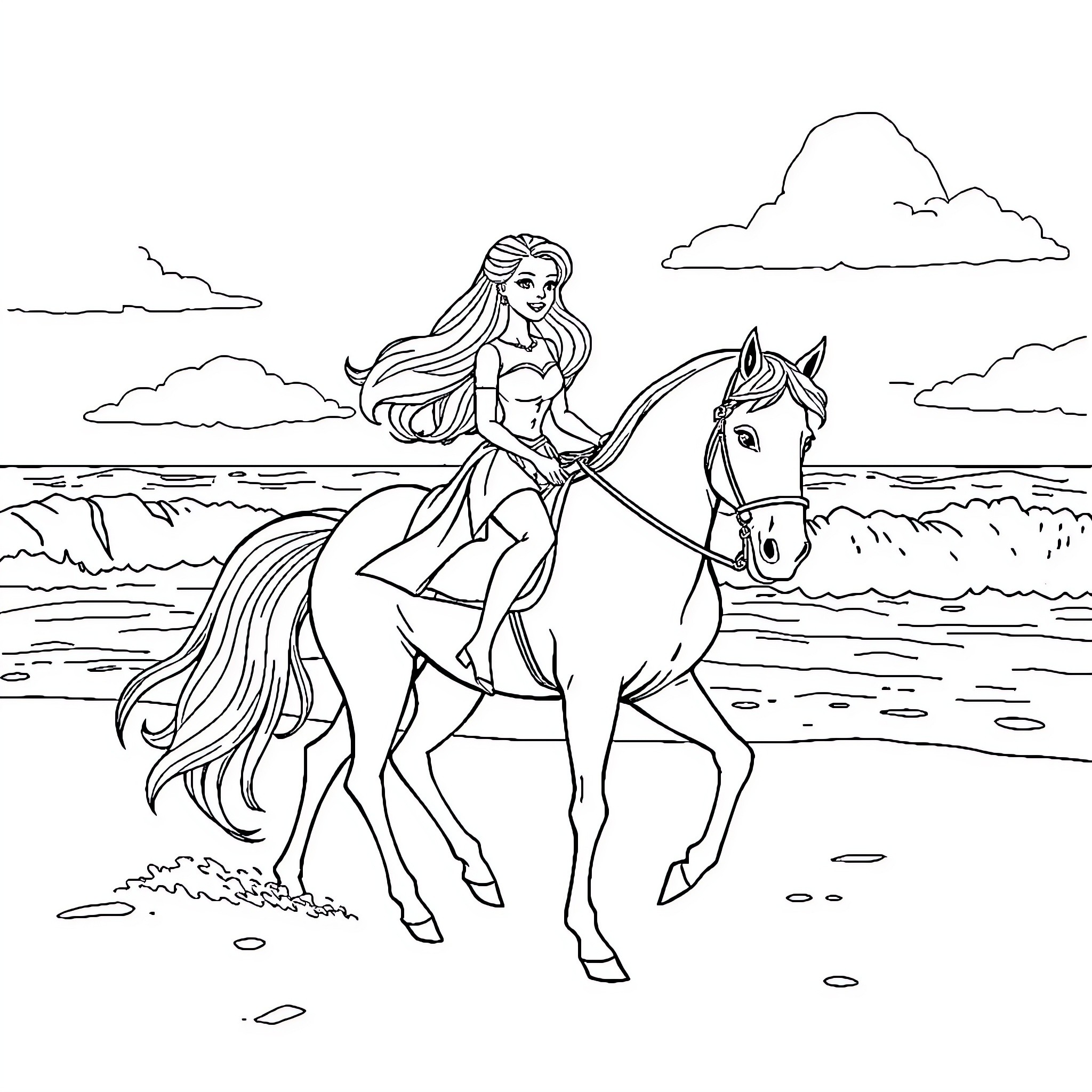 Horse and Rider Enjoying Scenic Coastal Ride Coloring Page (free black-and-white line drawing printable PDF for all, from beginners to advanced learners, including children, teens, adults, and seniors)