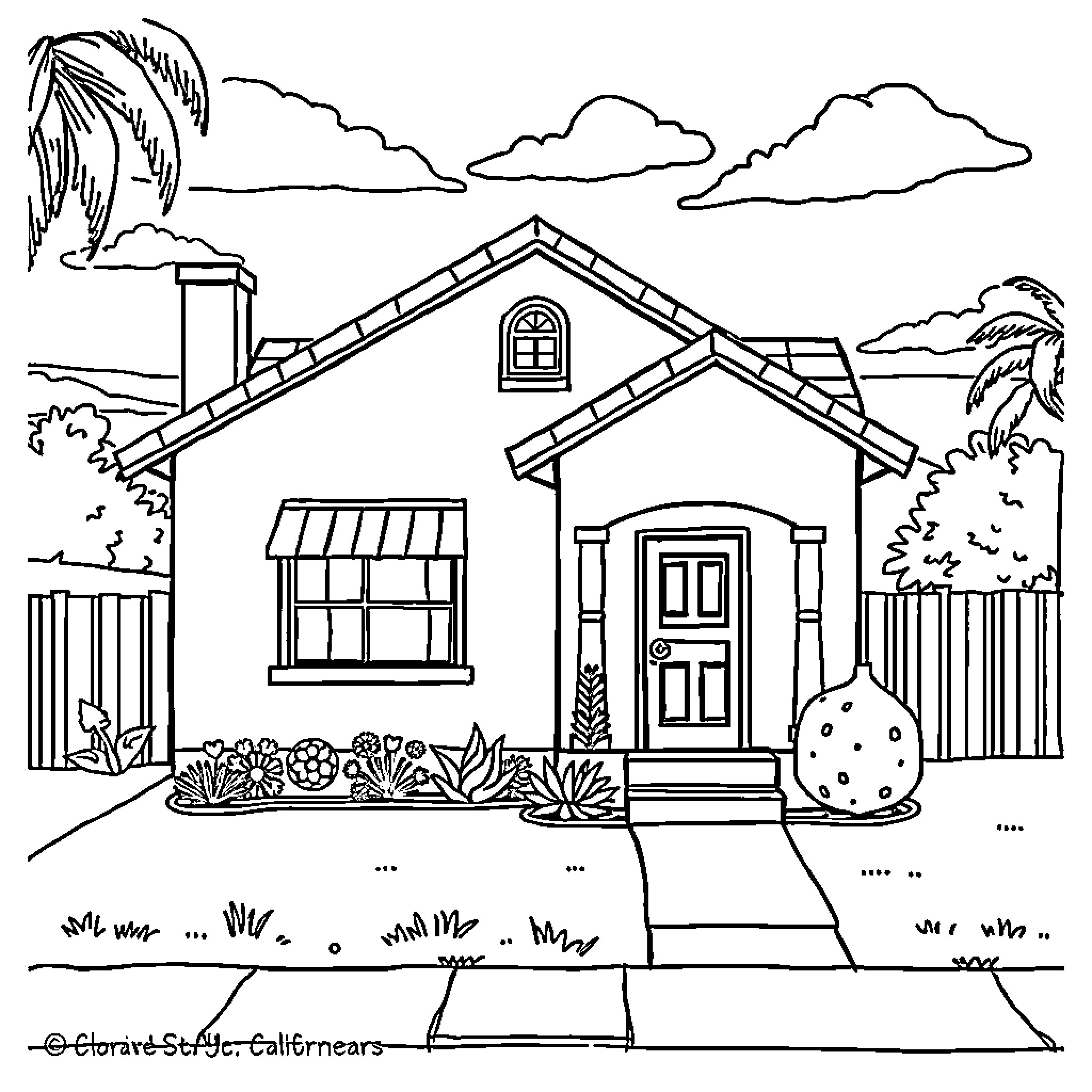 House with landscaping and outdoor scenery Coloring Page (free black-and-white line drawing printable PDF for all, from beginners to advanced learners, including children, teens, adults, and seniors)