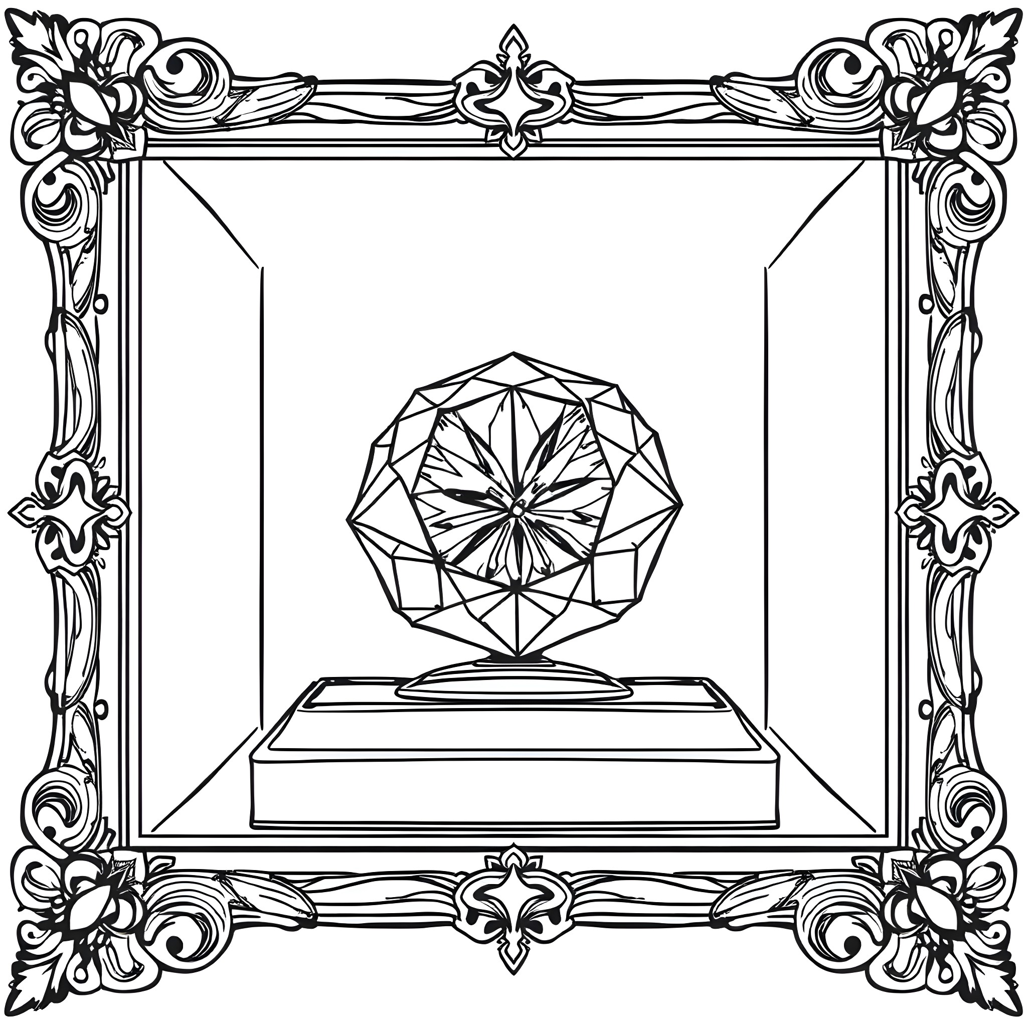 Gemstone framed in ornate floral border Coloring Page (free black-and-white line drawing printable PDF for all, from beginners to advanced learners, including children, teens, adults, and seniors)