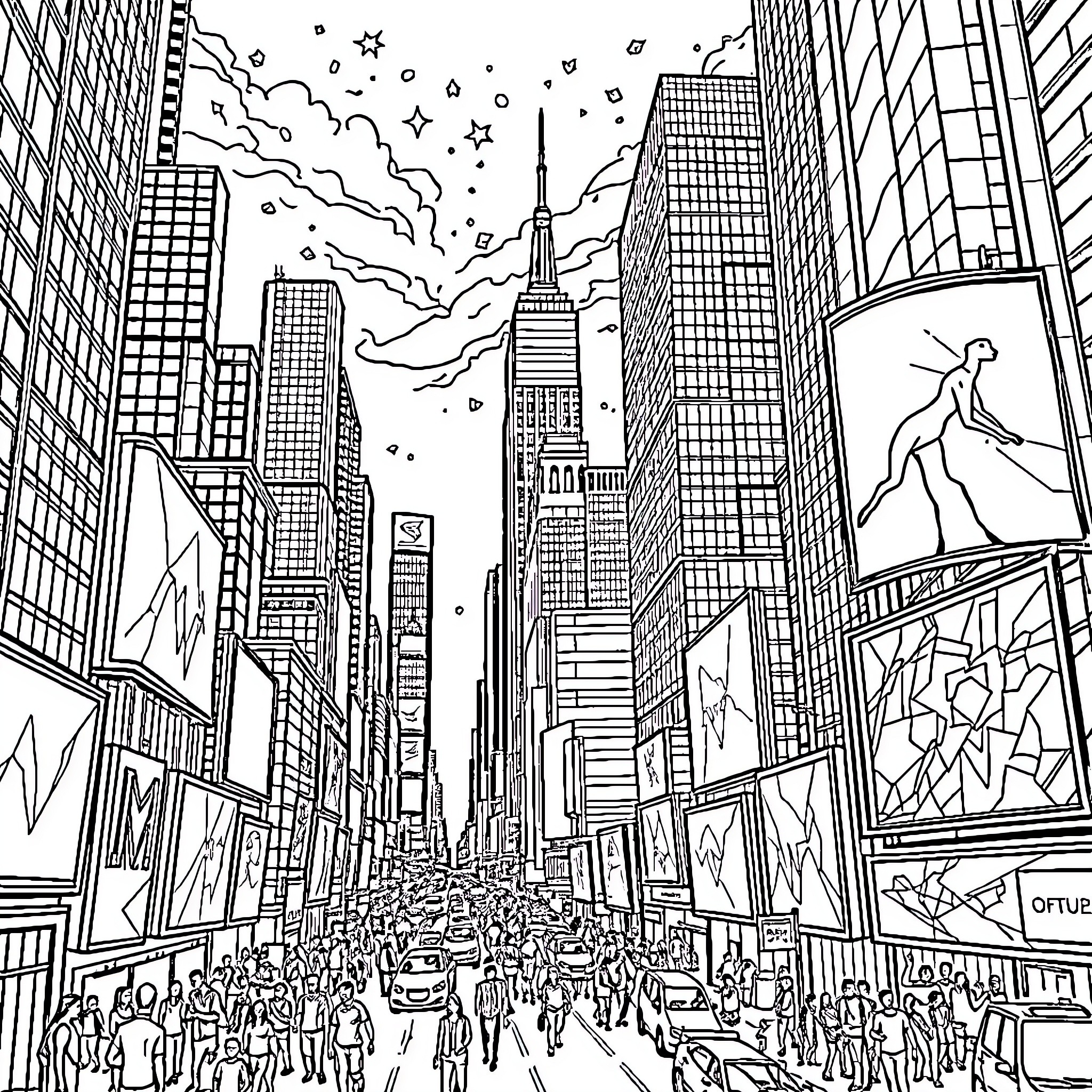 Technology cityscape with bustling crowd and towering skyscrapers Coloring Page (free black-and-white line drawing printable PDF for all, from beginners to advanced learners, including children, teens, adults, and seniors)