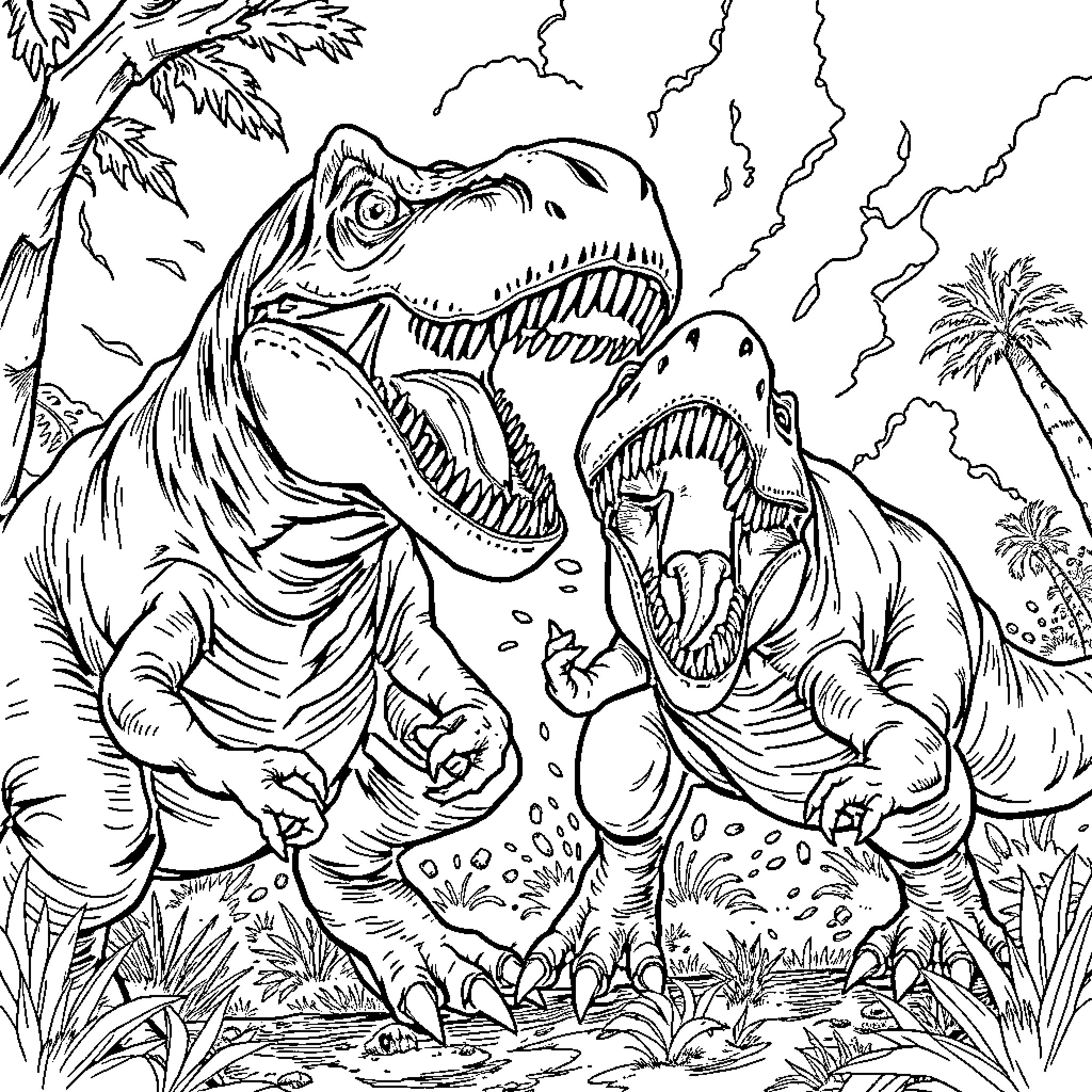 T-Rex Dinosaurs Engaged in Fierce Battle Coloring Page (free black-and-white line drawing printable PDF for all, from beginners to advanced learners, including children, teens, adults, and seniors)