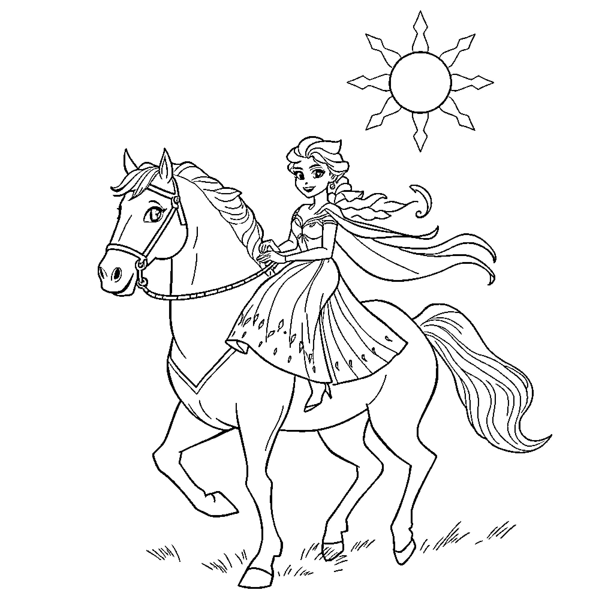 Rumi riding a majestic horse in the sun Coloring Page (free black-and-white line drawing printable PDF for all, from beginners to advanced learners, including children, teens, adults, and seniors)