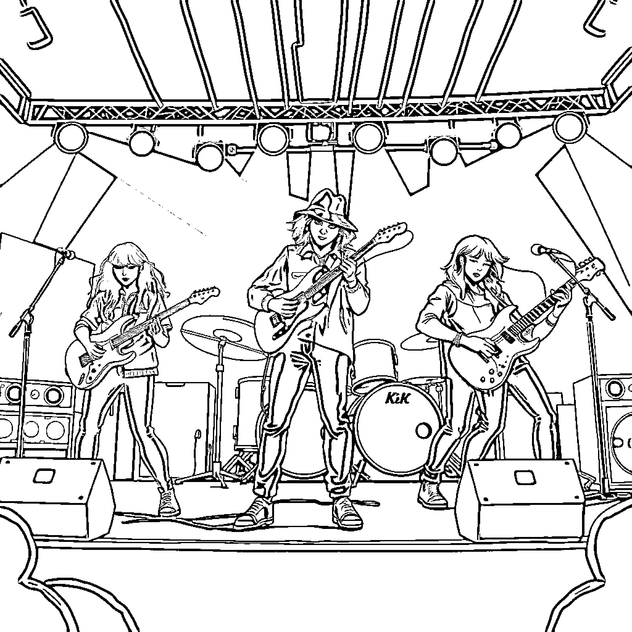 K-pop Hunter Showcases Energetic Rock Band Performance Coloring Page (free black-and-white line drawing printable PDF for all, from beginners to advanced learners, including children, teens, adults, and seniors)