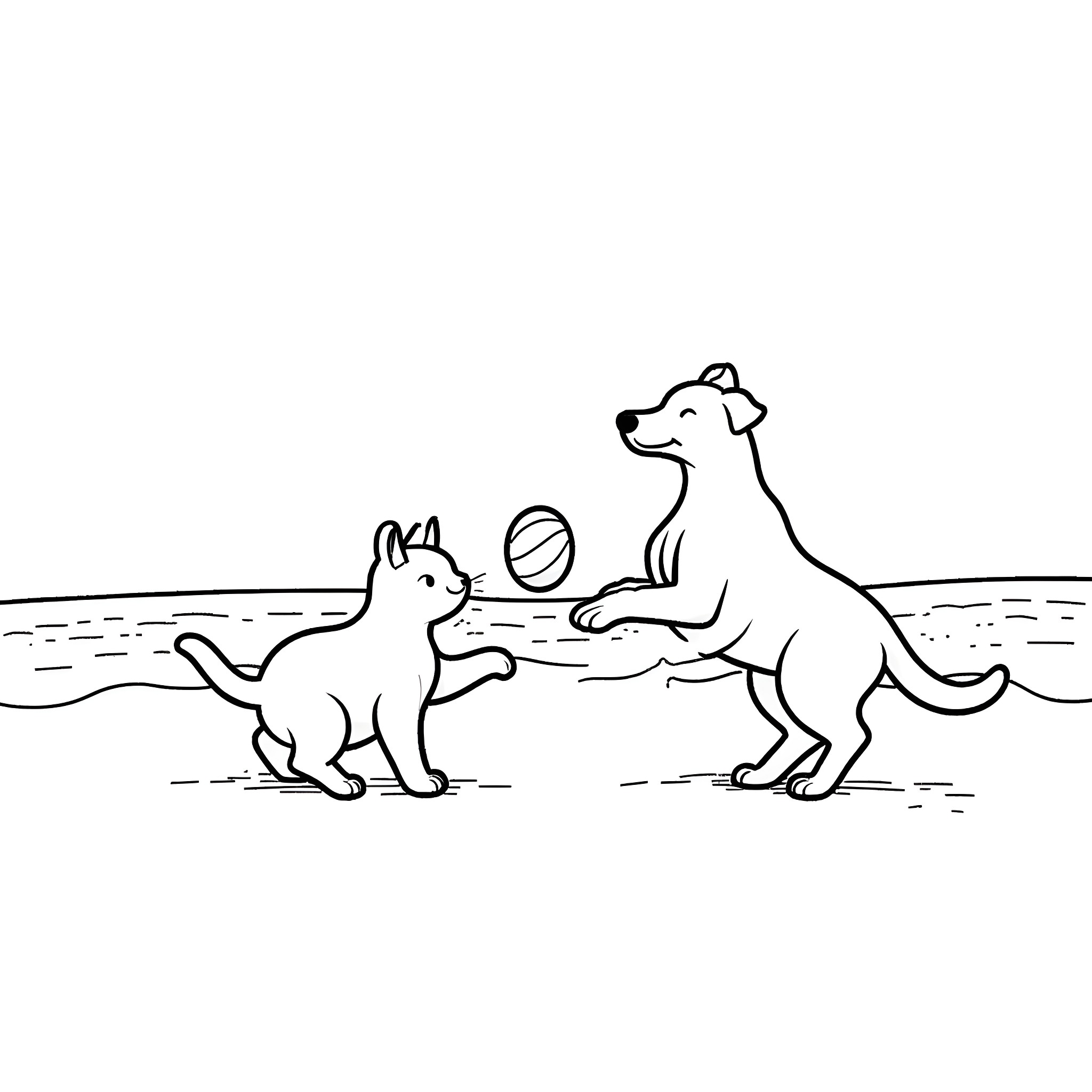 Cats playing with ball on the beach Coloring Page (free black-and-white line drawing printable PDF for all, from beginners to advanced learners, including children, teens, adults, and seniors)