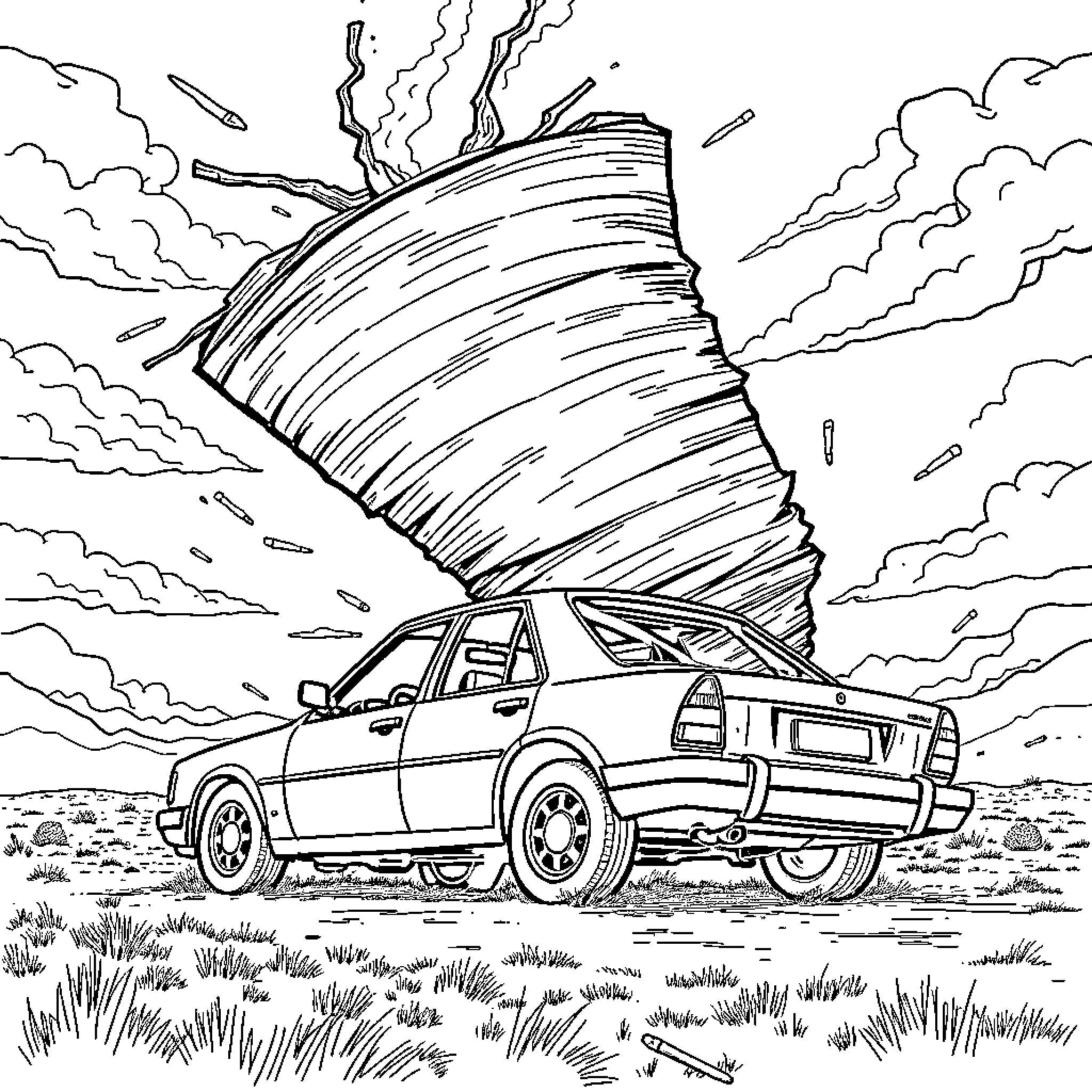 Car in the path of a powerful tornado Coloring Page (free black-and-white line drawing printable PDF for all, from beginners to advanced learners, including children, teens, adults, and seniors)