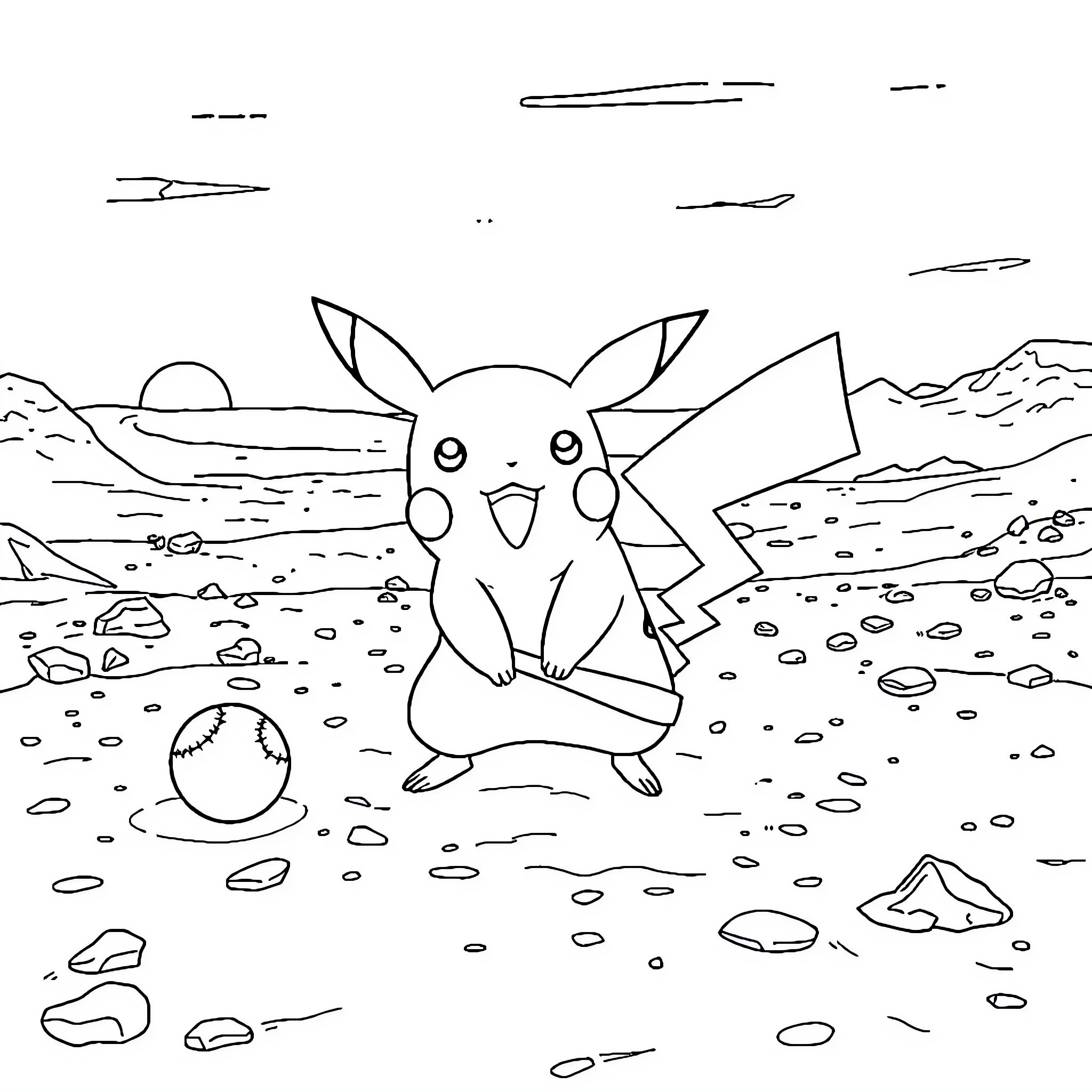 Pikachu enjoying the outdoors in a scenic landscape Coloring Page (free black-and-white line drawing printable PDF for all, from beginners to advanced learners, including children, teens, adults, and seniors)