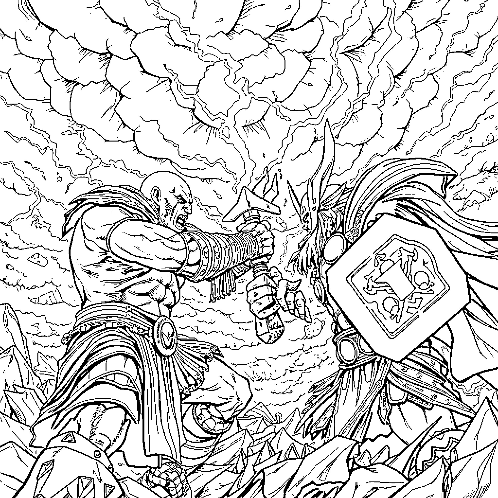Kratos in Intense Battle Stance Coloring Page (free black-and-white line drawing printable PDF for all, from beginners to advanced learners, including children, teens, adults, and seniors)