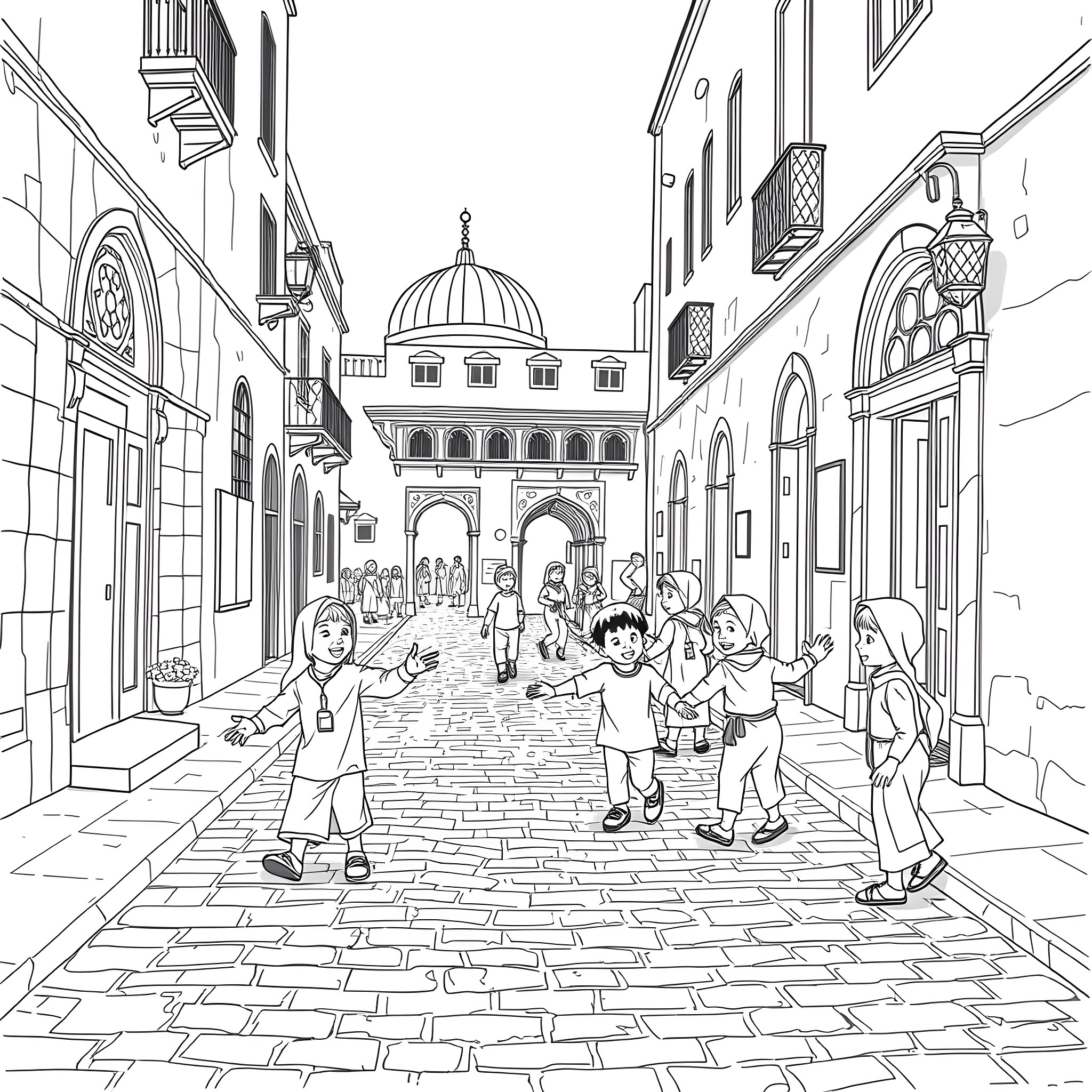 Children playing in a bustling historic street Coloring Page (free black-and-white line drawing printable PDF for all, from beginners to advanced learners, including children, teens, adults, and seniors)