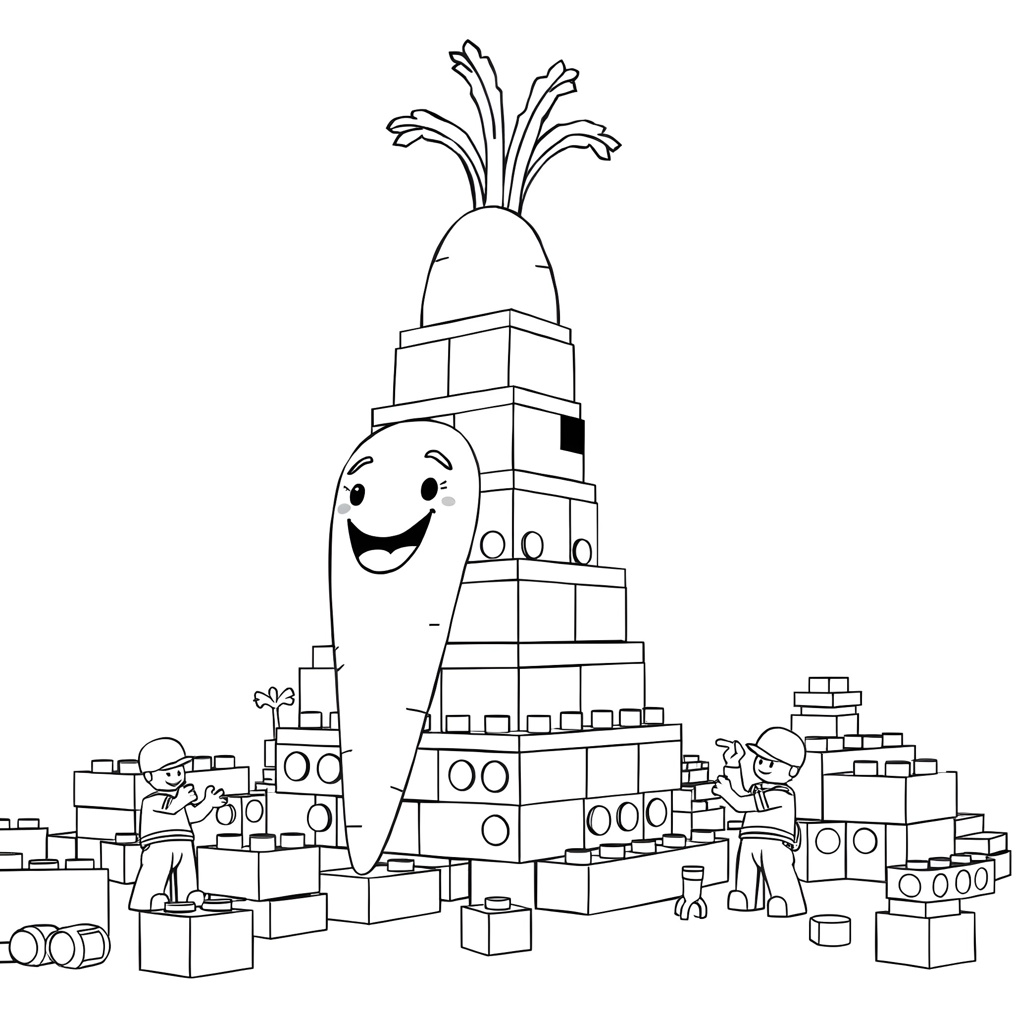Carrot tower construction site with smiling workers Coloring Page (free black-and-white line drawing printable PDF for all, from beginners to advanced learners, including children, teens, adults, and seniors)