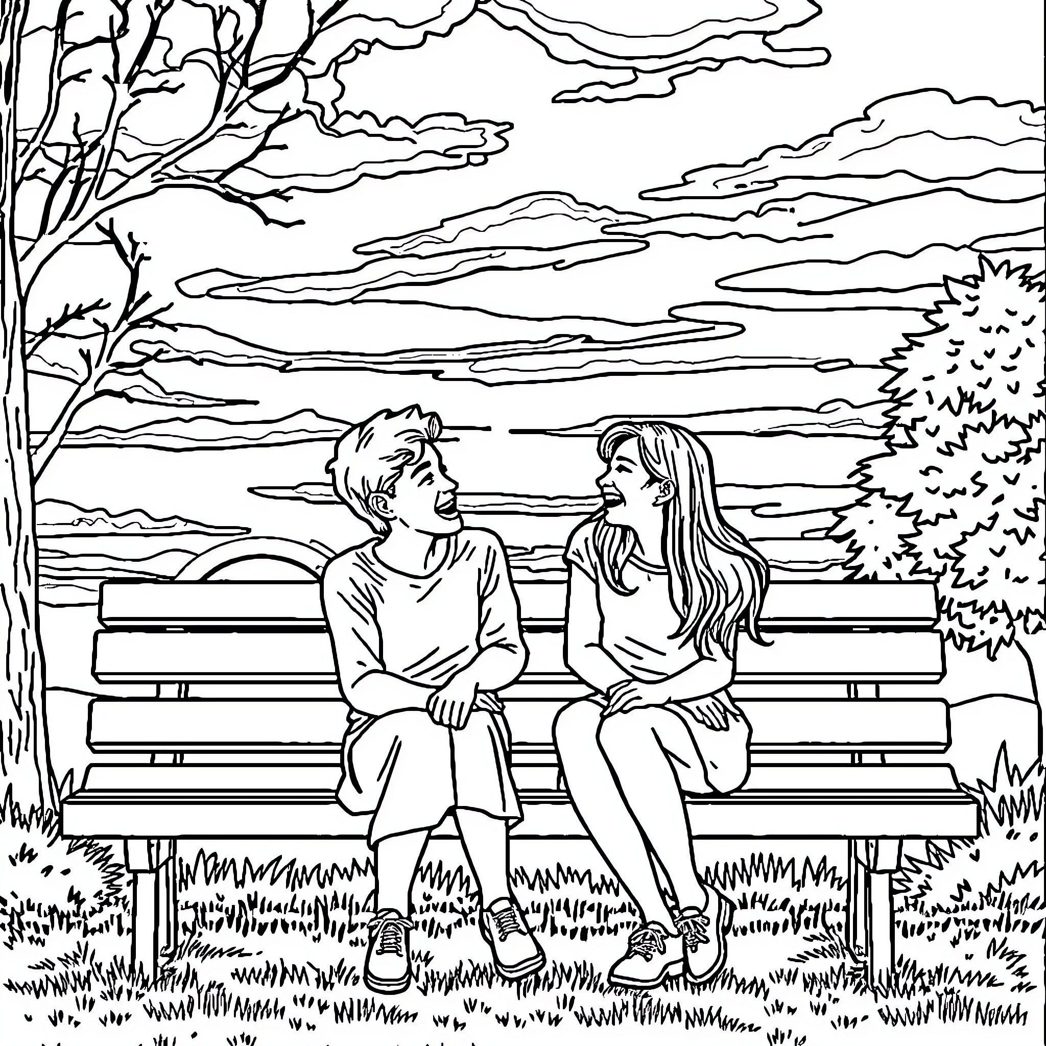 Friend's Quiet Conversation on a Park Bench Coloring Page (free black-and-white line drawing printable PDF for all, from beginners to advanced learners, including children, teens, adults, and seniors)