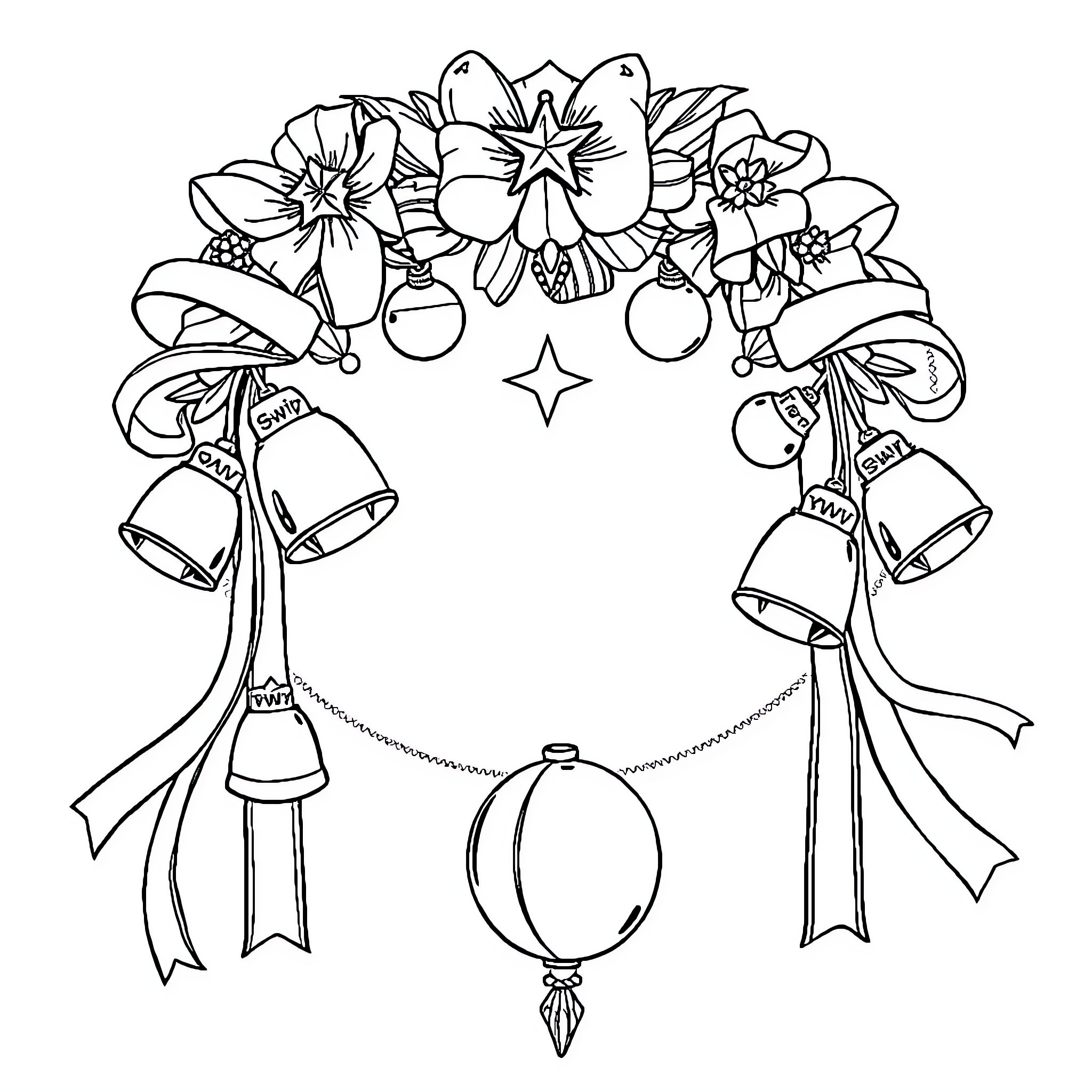 Mum's Christmas floral wreath with bells and ornaments Coloring Page (free black-and-white line drawing printable PDF for all, from beginners to advanced learners, including children, teens, adults, and seniors)