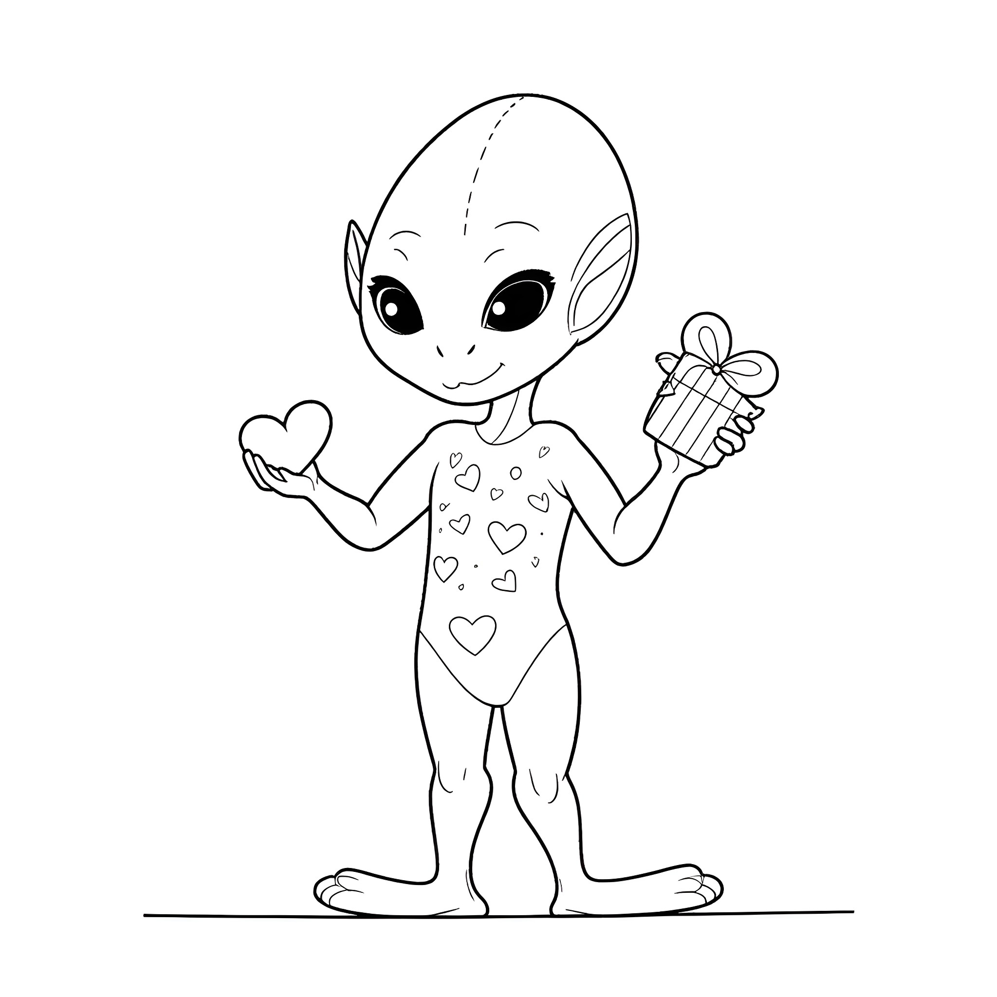 Alien creature offering a gift with hearts Coloring Page (free black-and-white line drawing printable PDF for all, from beginners to advanced learners, including children, teens, adults, and seniors)