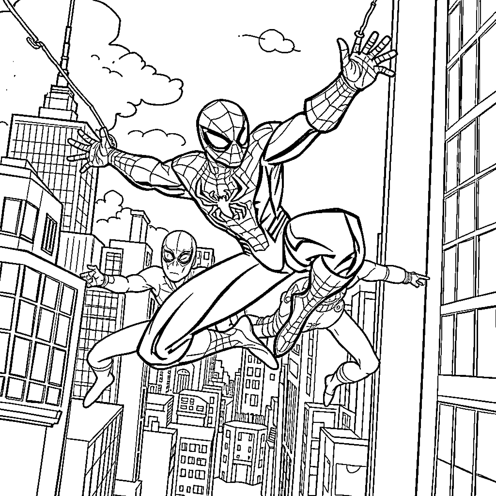 Spiderman swinging through the city with sidekick Coloring Page (free black-and-white line drawing printable PDF for all, from beginners to advanced learners, including children, teens, adults, and seniors)