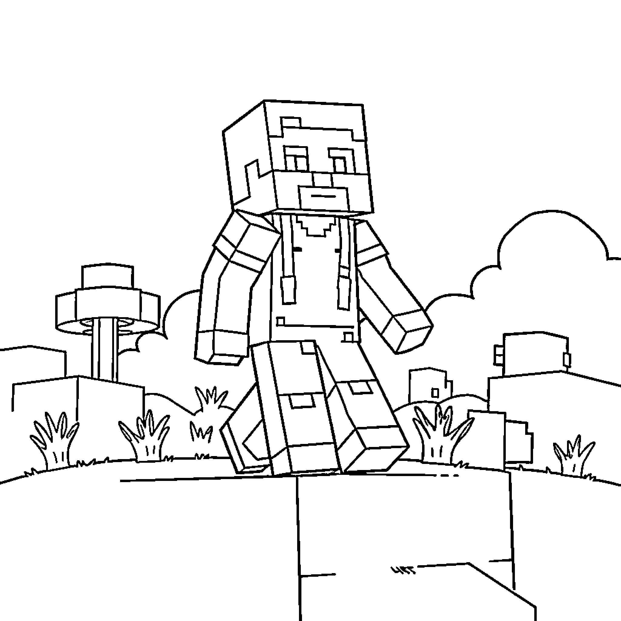 Steve exploring the blocky landscape Coloring Page (free black-and-white line drawing printable PDF for all, from beginners to advanced learners, including children, teens, adults, and seniors)