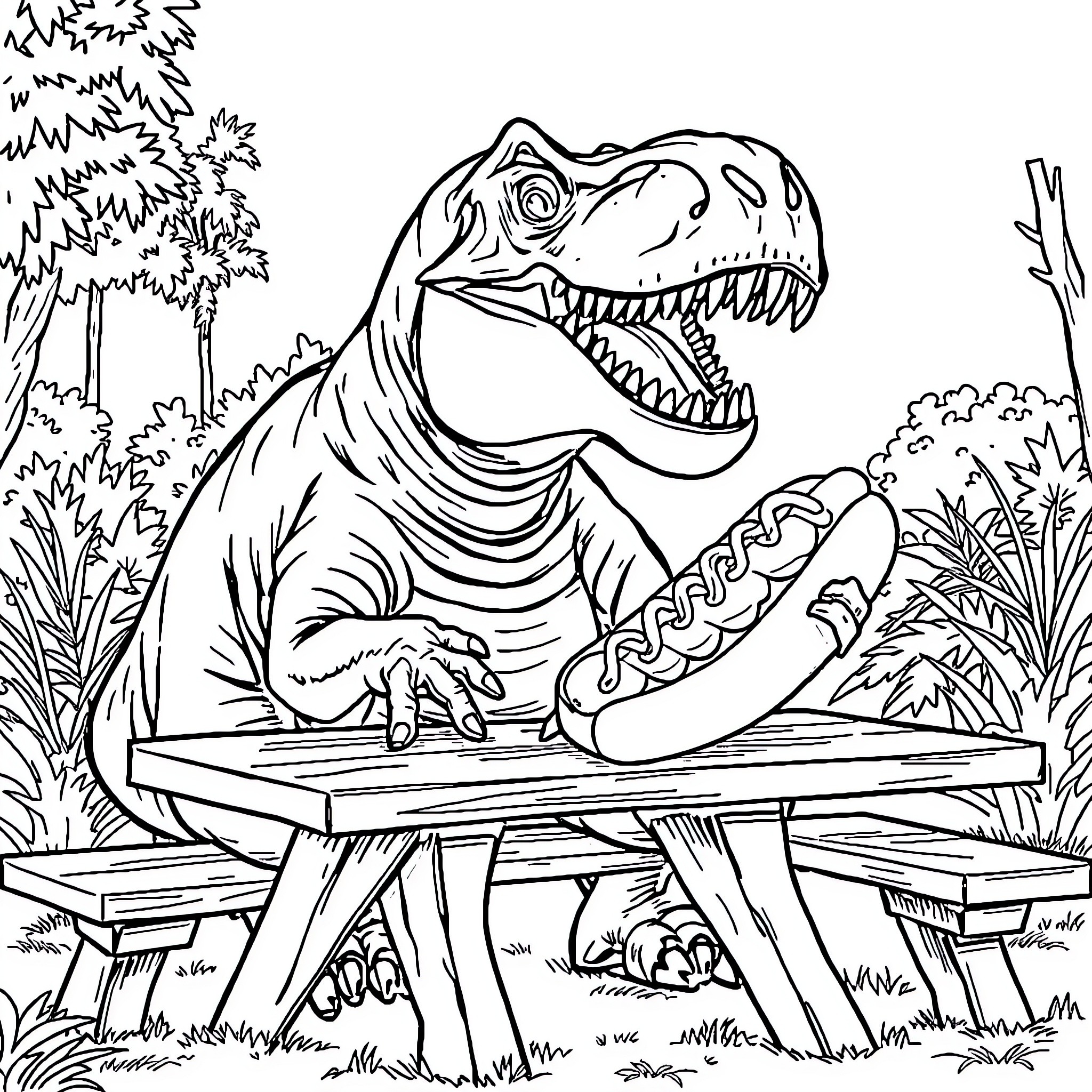 T-Rex Enjoying a Picnic in the Wilderness Coloring Page (free black-and-white line drawing printable PDF for all, from beginners to advanced learners, including children, teens, adults, and seniors)