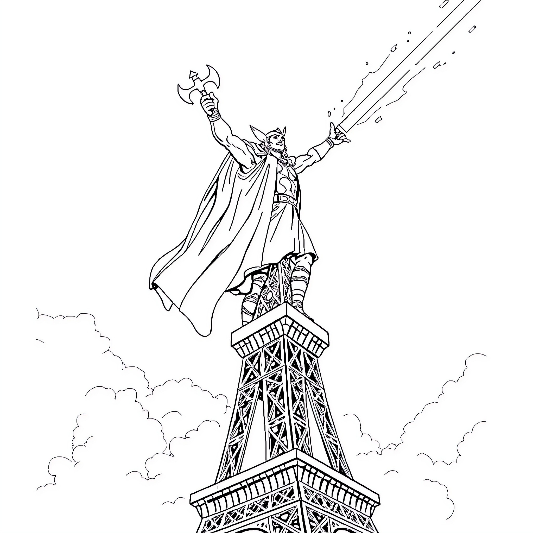 Thor Soaring Over the Eiffel Tower Coloring Page (free black-and-white line drawing printable PDF for all, from beginners to advanced learners, including children, teens, adults, and seniors)