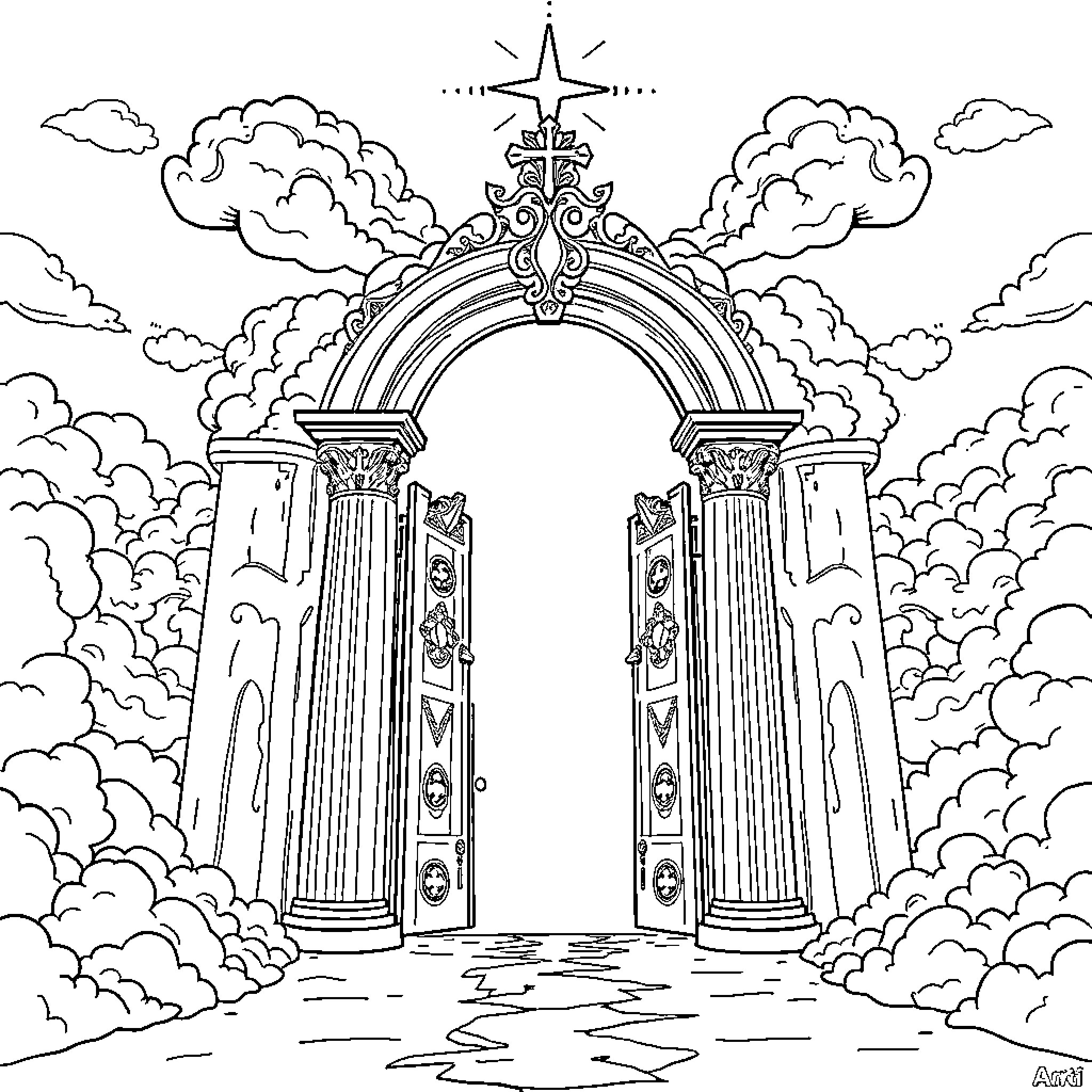 Heaven's Gate to Heavenly Realm Coloring Page (free black-and-white line drawing printable PDF for all, from beginners to advanced learners, including children, teens, adults, and seniors)