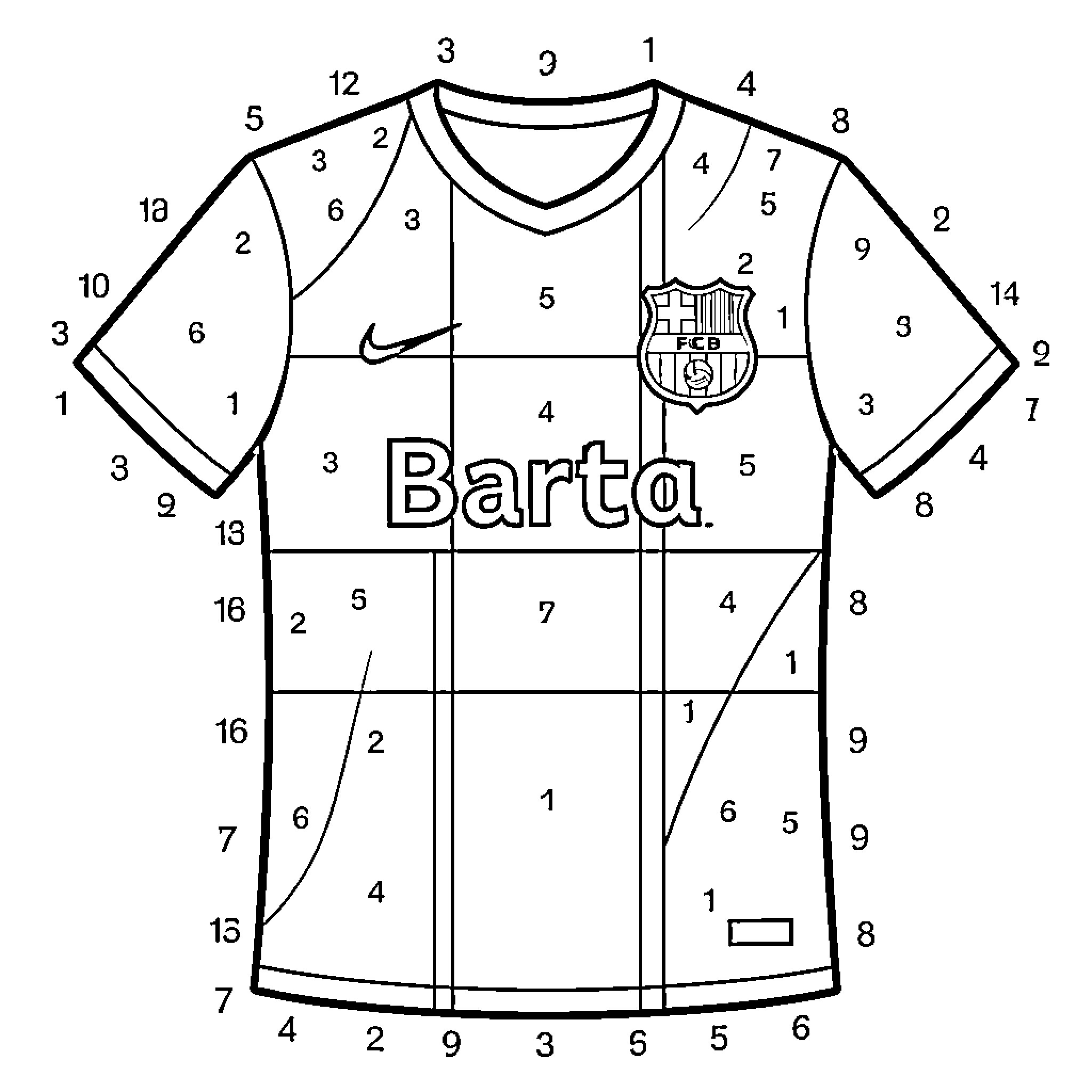 Camiseta with numbers and text for activity Coloring Page (free black-and-white line drawing printable PDF for all, from beginners to advanced learners, including children, teens, adults, and seniors)