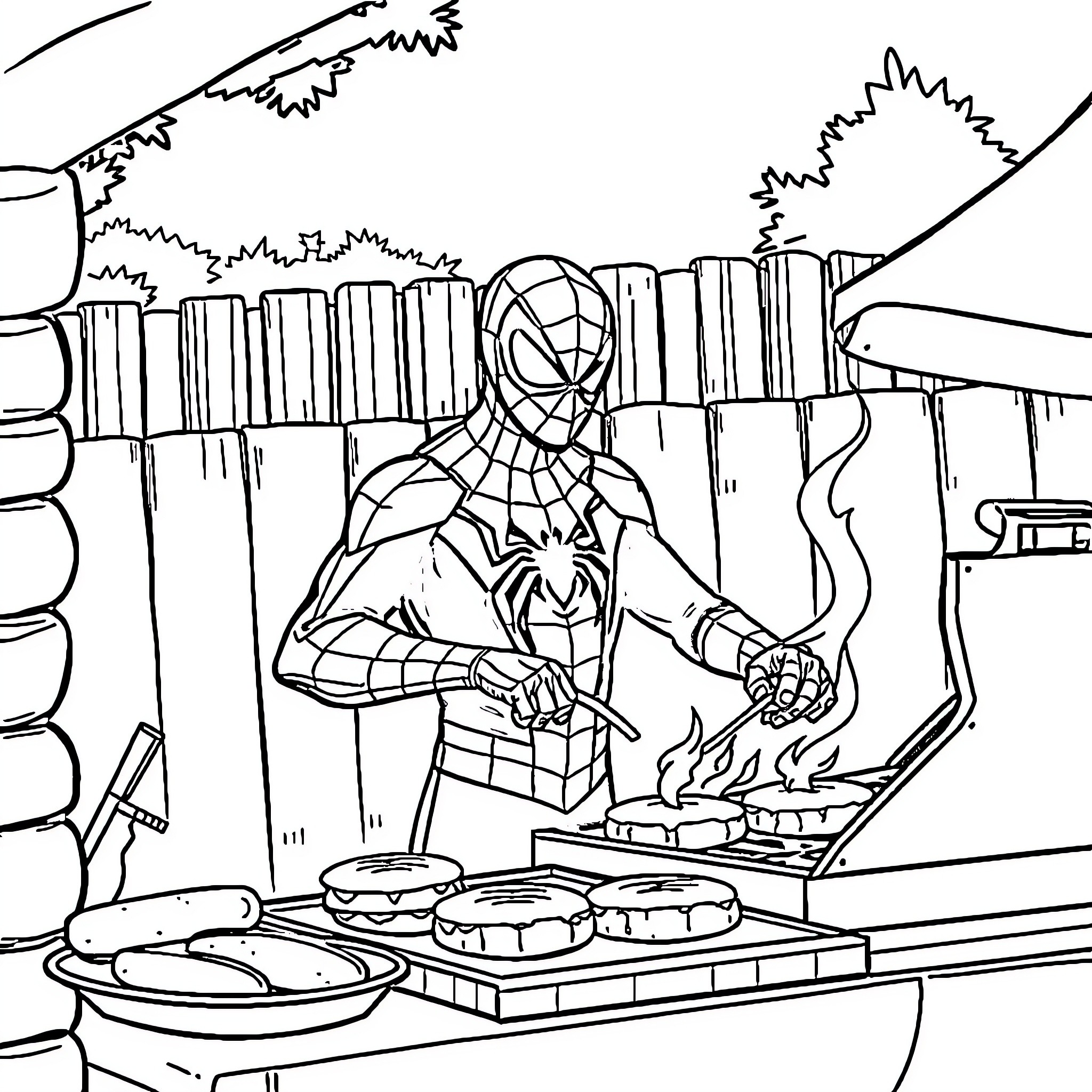 Spiderman cooking burgers in the kitchen Coloring Page (free black-and-white line drawing printable PDF for all, from beginners to advanced learners, including children, teens, adults, and seniors)