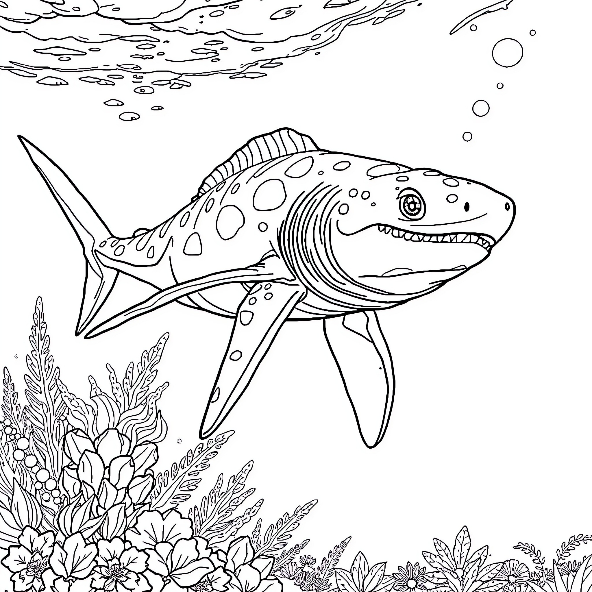 Mosasaurus exploring the underwater reef Coloring Page (free black-and-white line drawing printable PDF for all, from beginners to advanced learners, including children, teens, adults, and seniors)