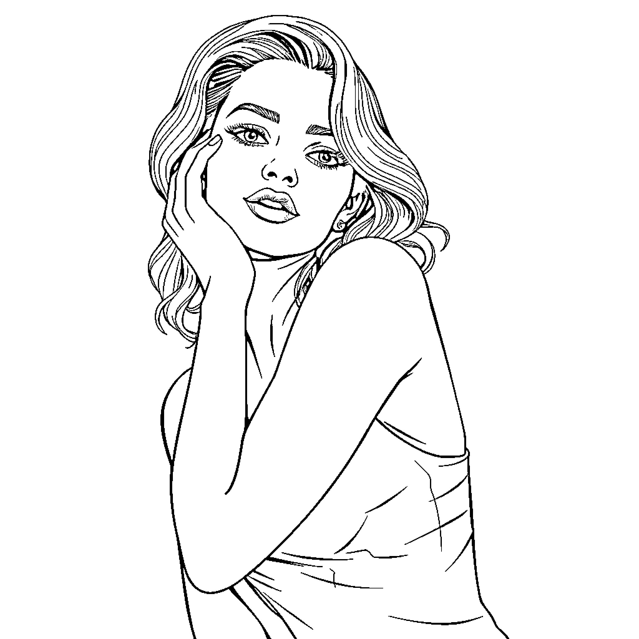 Woman in a thoughtful pose Coloring Page (free black-and-white line drawing printable PDF for all, from beginners to advanced learners, including children, teens, adults, and seniors)