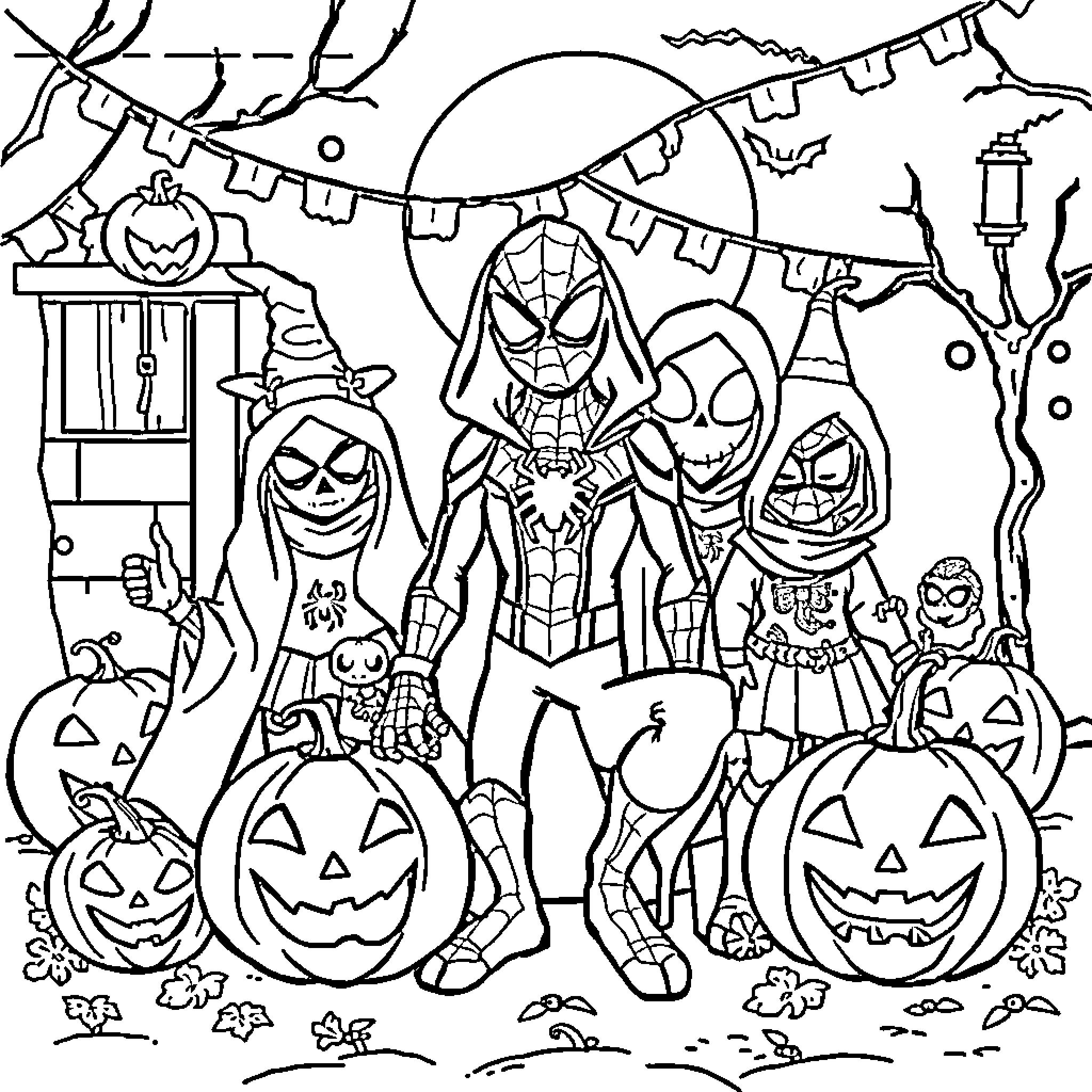 Spider-themed Halloween scene with costumes and decorations Coloring Page (free black-and-white line drawing printable PDF for all, from beginners to advanced learners, including children, teens, adults, and seniors)